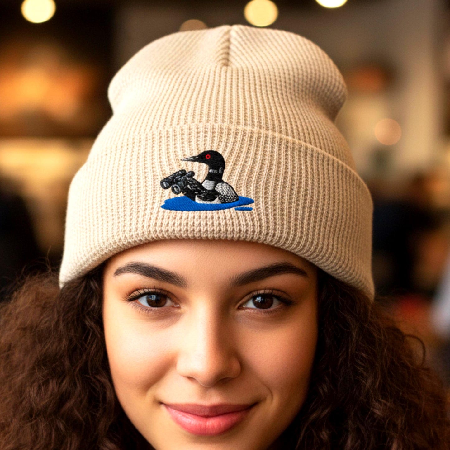 Loon With Binoculars Embroidered Birding Waffle Beanie, Wildlife Lake Hat Gift for Bird Lovers