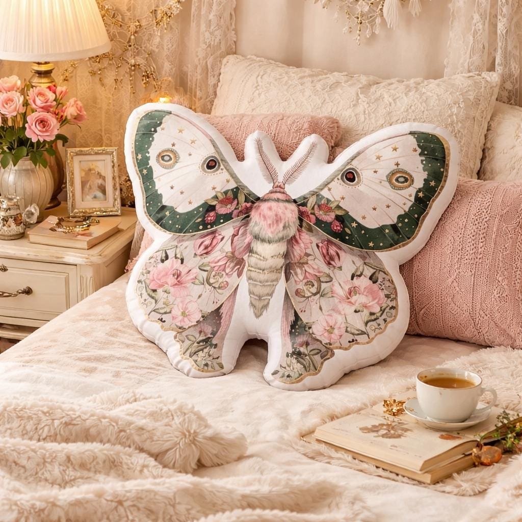 Floral Moth Shaped Pillow, Whimsigoth Decor, Shabby Chic Gift