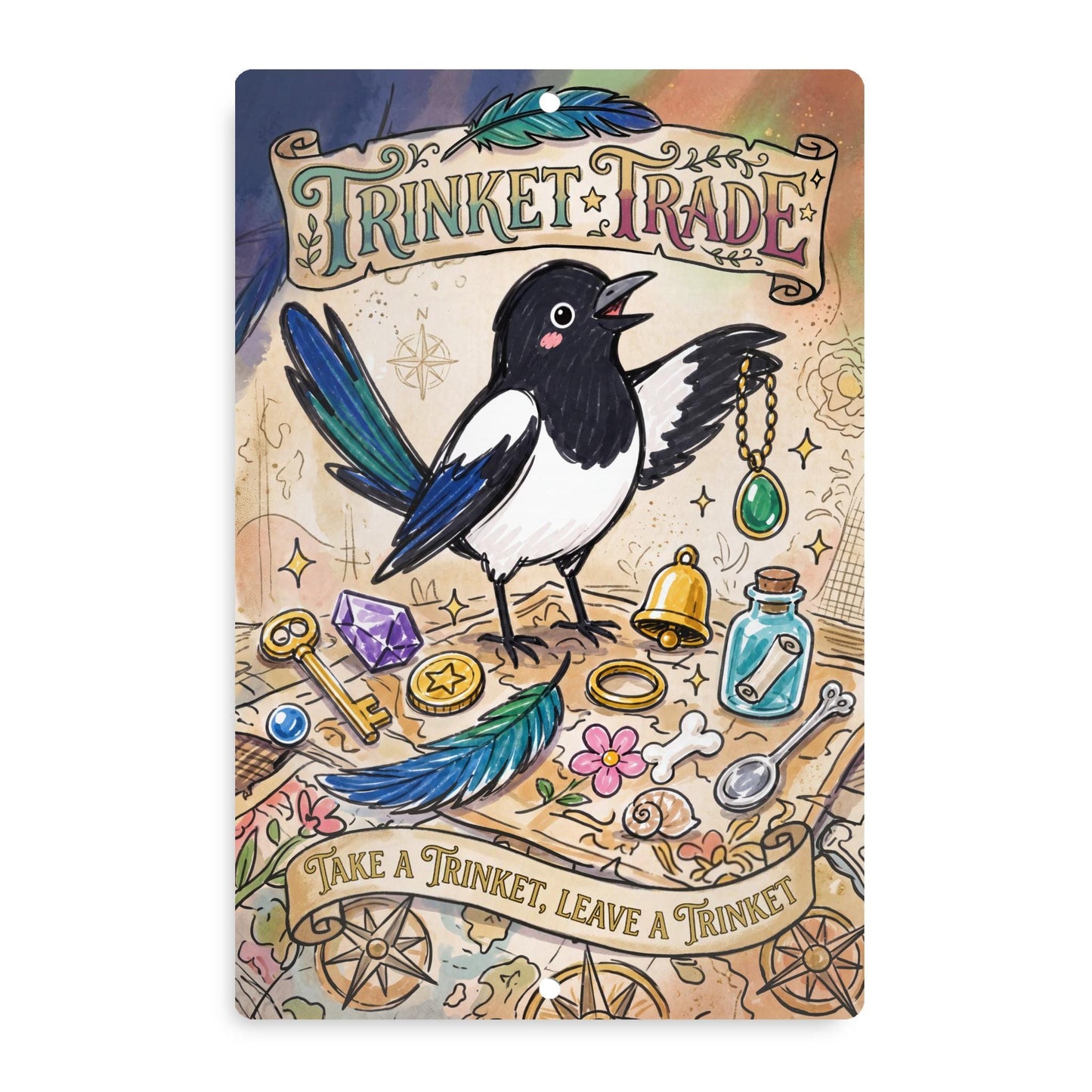 Magpie Trinket Trade Library Sign - Outdoor Metal Yard Art Decor - Community Trinket Shelf