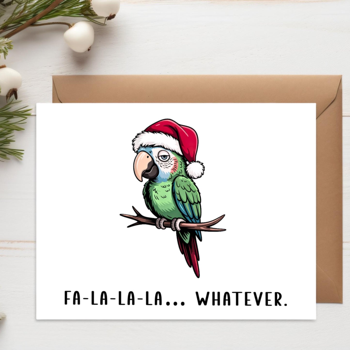 Funny Parrot Christmas Card – Sarcastic Bird Holiday Greeting – Snarky A2 Xmas Card with Santa Hat