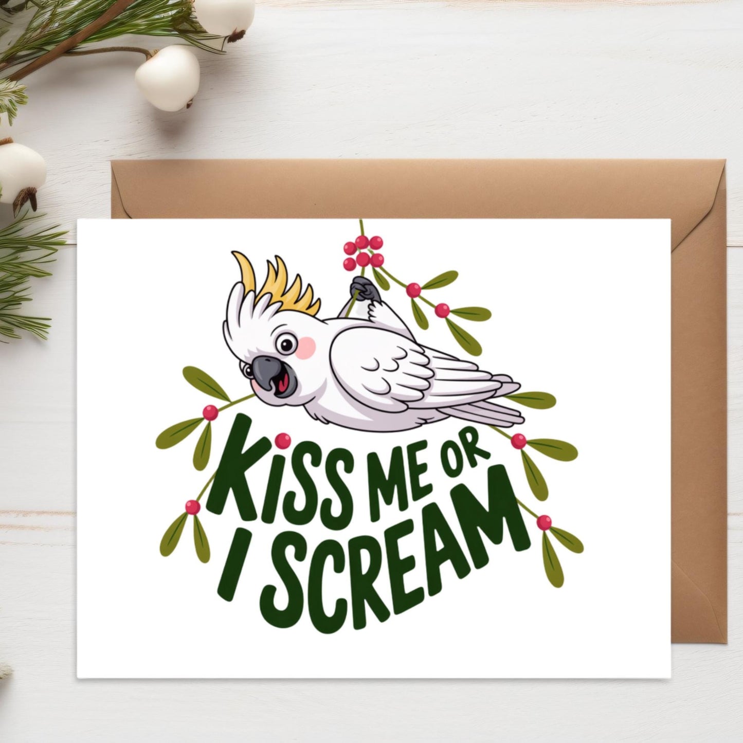 Funny Cockatoo Christmas Card – Snarky Bird Holiday Greeting – A2 Minimalist Card with White Background