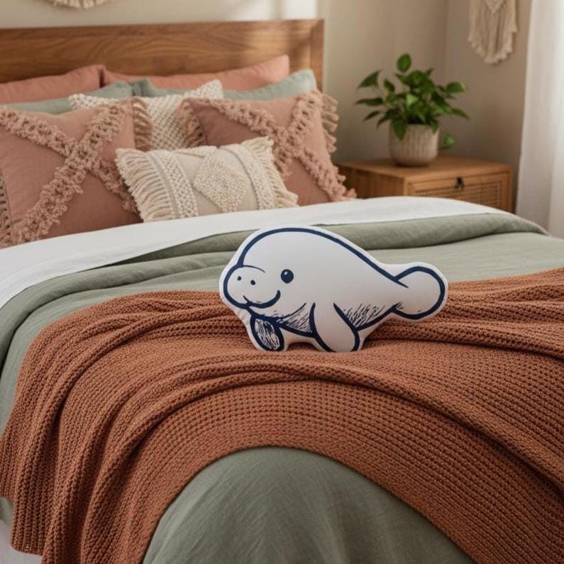 Manatee Sea Illustration Pillow, Sea Cow Nautical Decor, Ocean Life Gift for Granola Girl