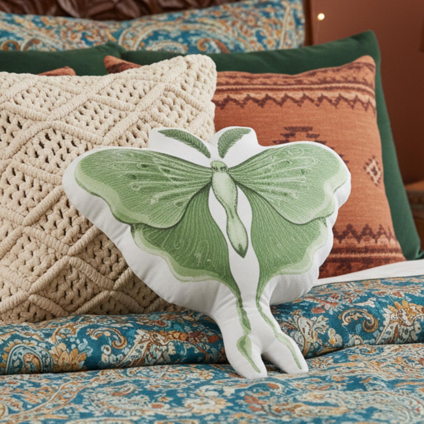Luna Moth Entomology Art Pillow, Whimsigoth Decor, Green Moth Lover Gift for Nature Lovers