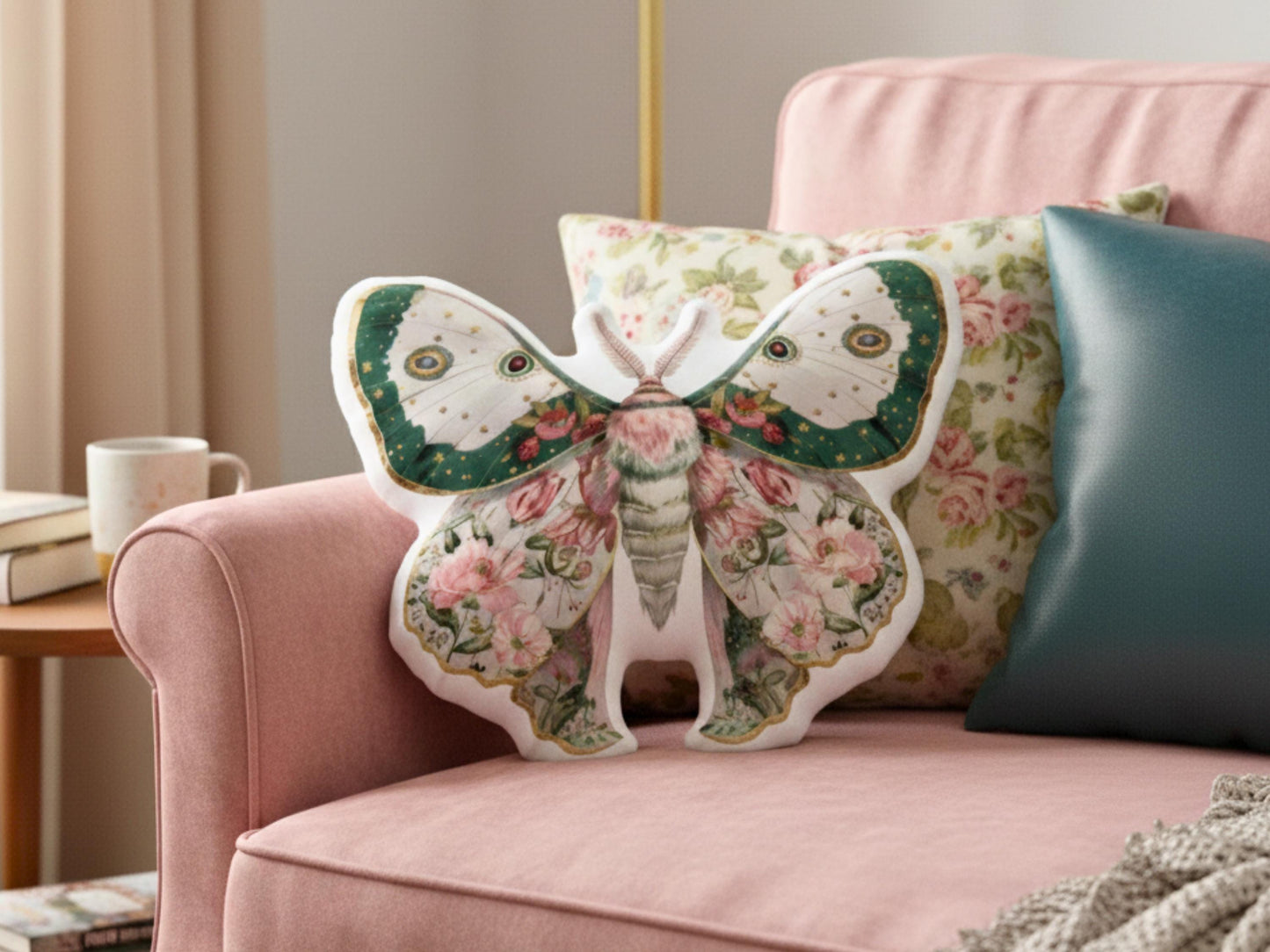Floral Moth Shaped Pillow, Whimsigoth Decor, Shabby Chic Gift