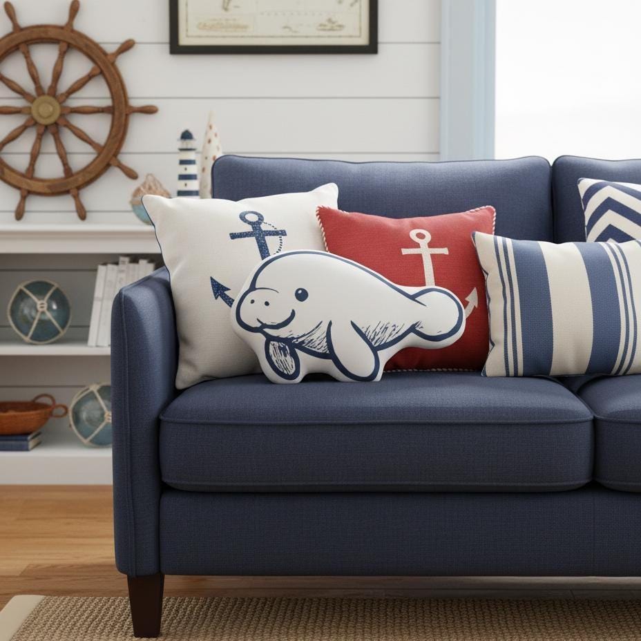 Manatee Sea Illustration Pillow, Sea Cow Nautical Decor, Ocean Life Gift for Granola Girl