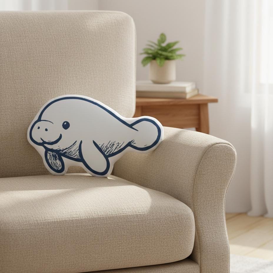 Manatee Sea Illustration Pillow, Sea Cow Nautical Decor, Ocean Life Gift for Granola Girl