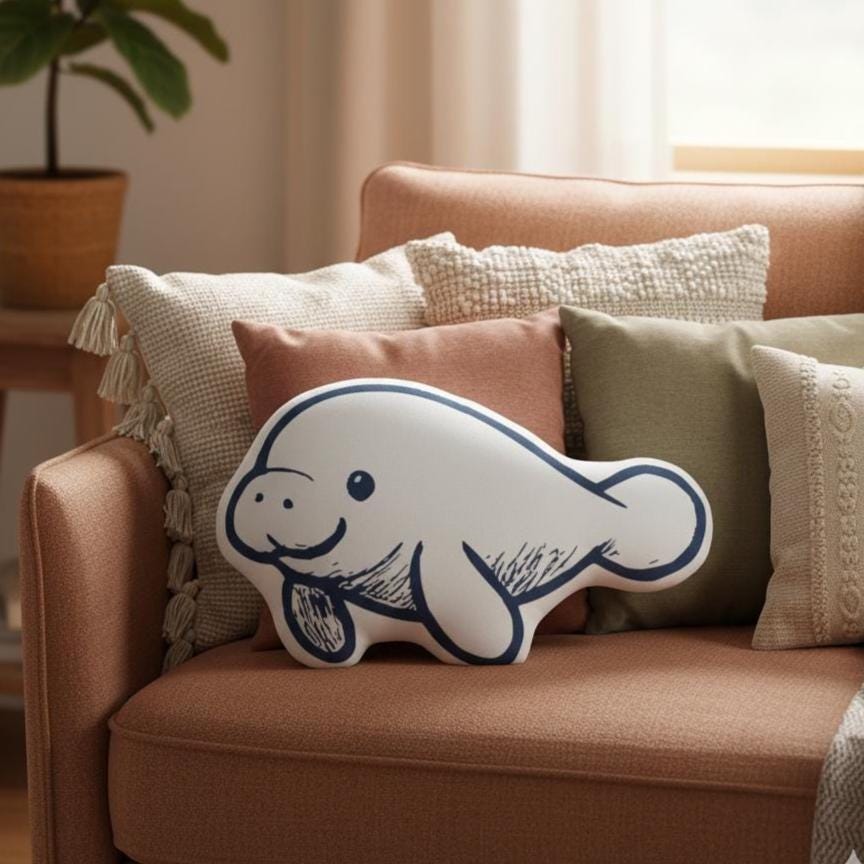 Manatee Sea Illustration Pillow, Sea Cow Nautical Decor, Ocean Life Gift for Granola Girl