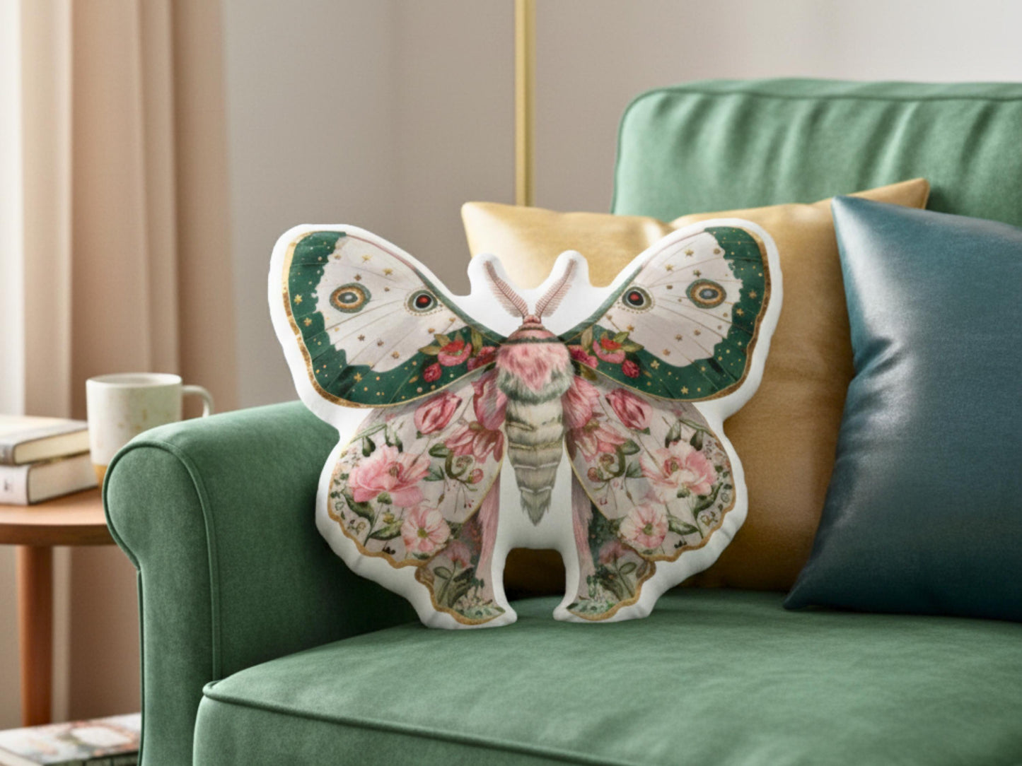 Floral Moth Shaped Pillow, Whimsigoth Decor, Shabby Chic Gift