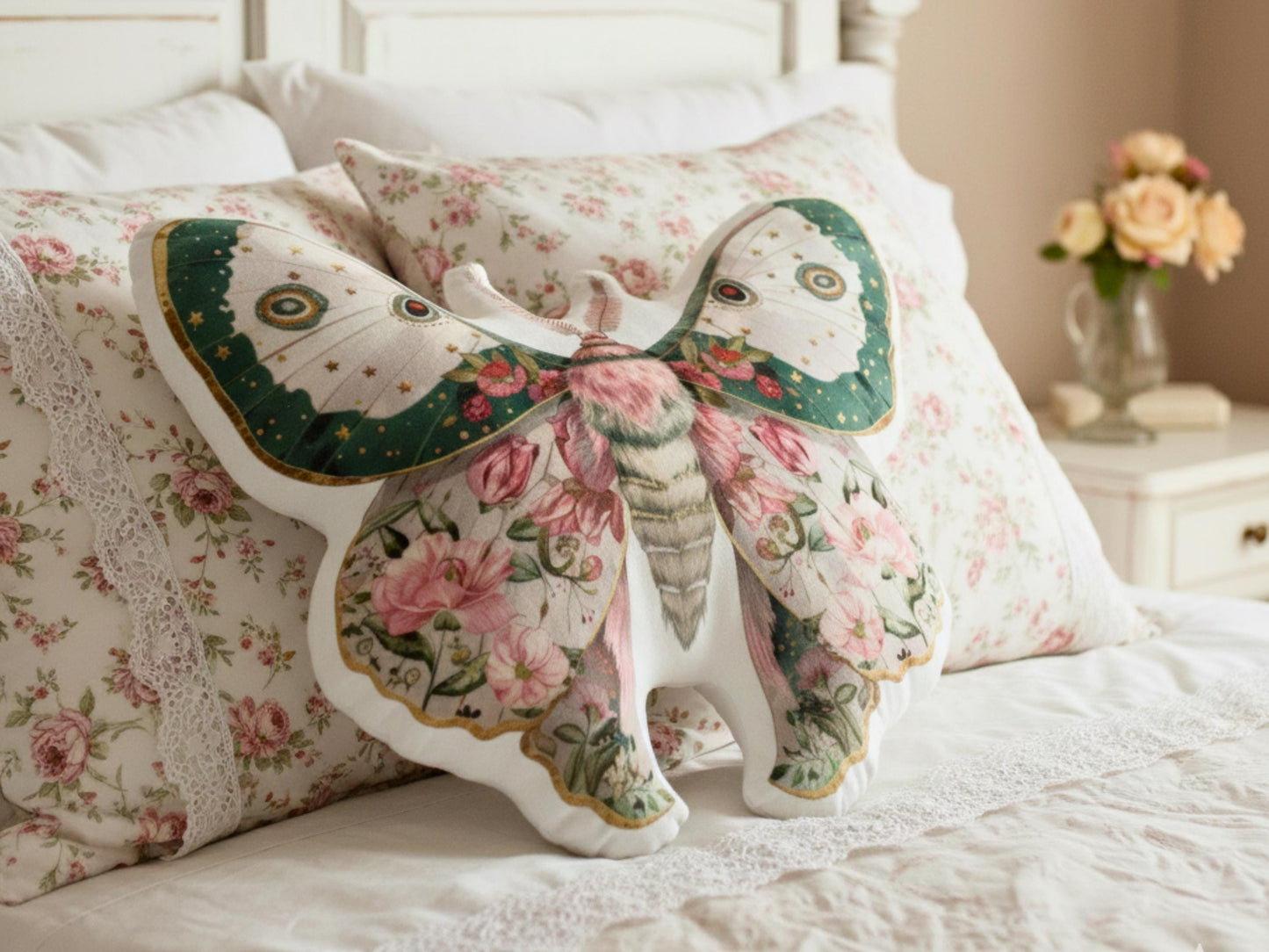 Floral Moth Shaped Pillow, Whimsigoth Decor, Shabby Chic Gift