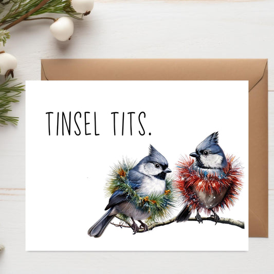 Funny Tufted Titmouse Christmas Card – Sarcastic Bird Holiday Greeting – Inappropriate Rude Xmas Card - A2