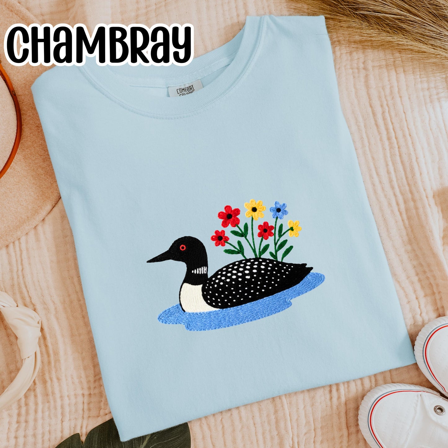 Loon Wildflower Embroidered Birding Shirt, Wildlife Lake Shirt Gift for Bird Lovers