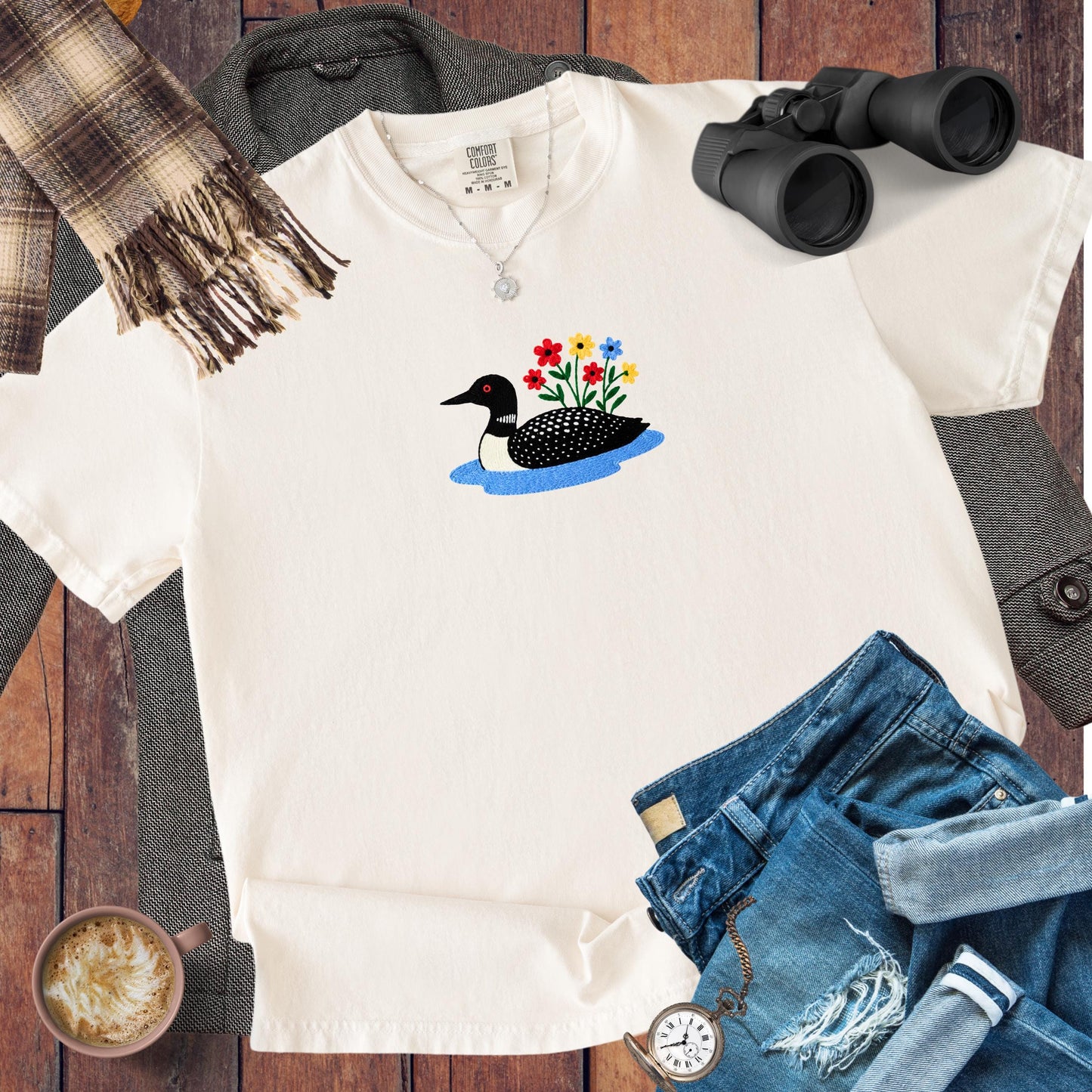 Loon Wildflower Embroidered Birding Shirt, Wildlife Lake Shirt Gift for Bird Lovers