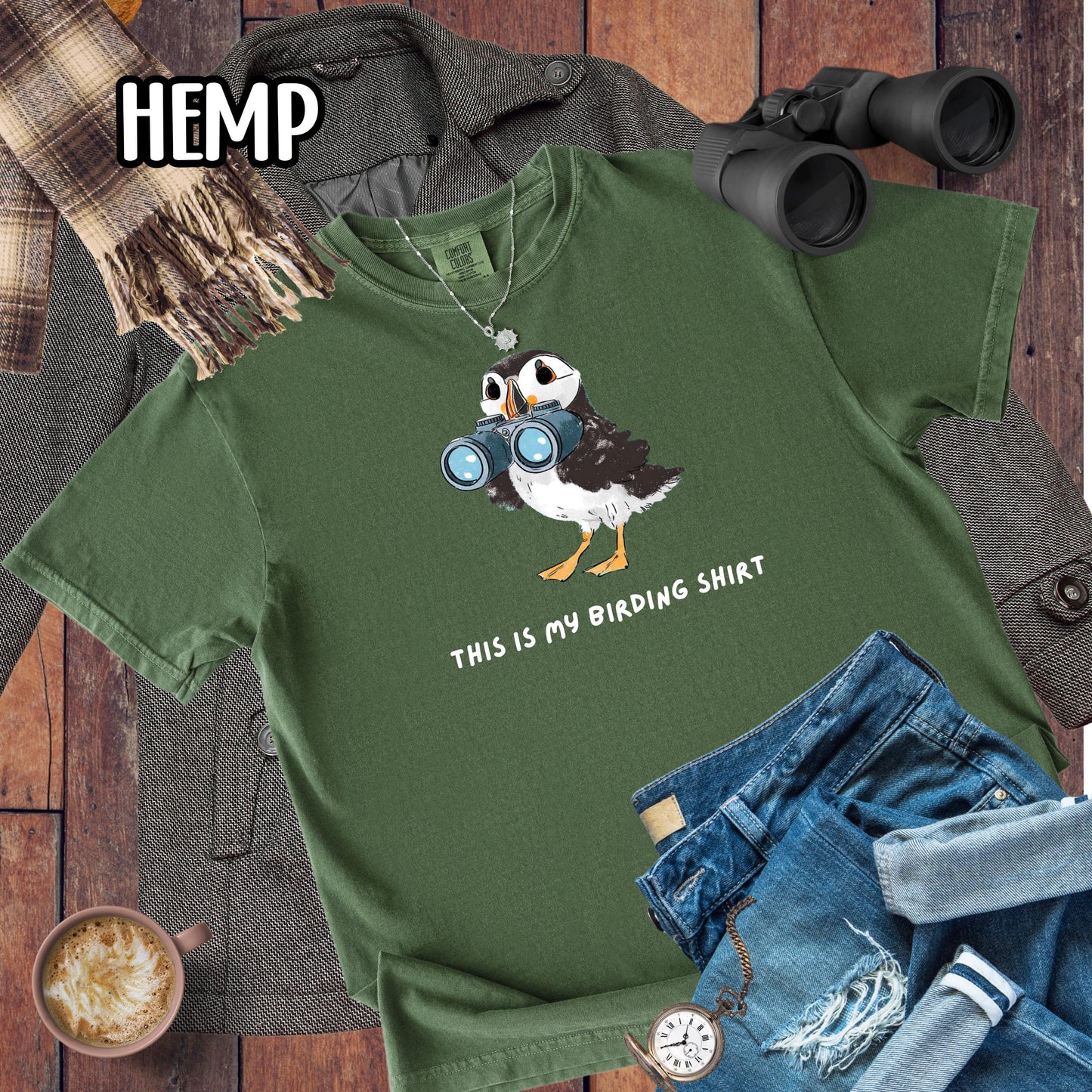 Puffin with Binoculars Birding Shirt, Coastal Birds Shirt, Gift for Bird Lovers