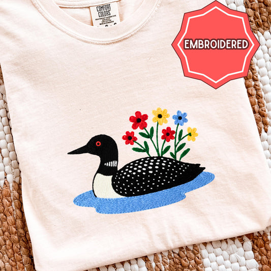 Loon Wildflower Embroidered Birding Shirt, Wildlife Lake Shirt Gift for Bird Lovers