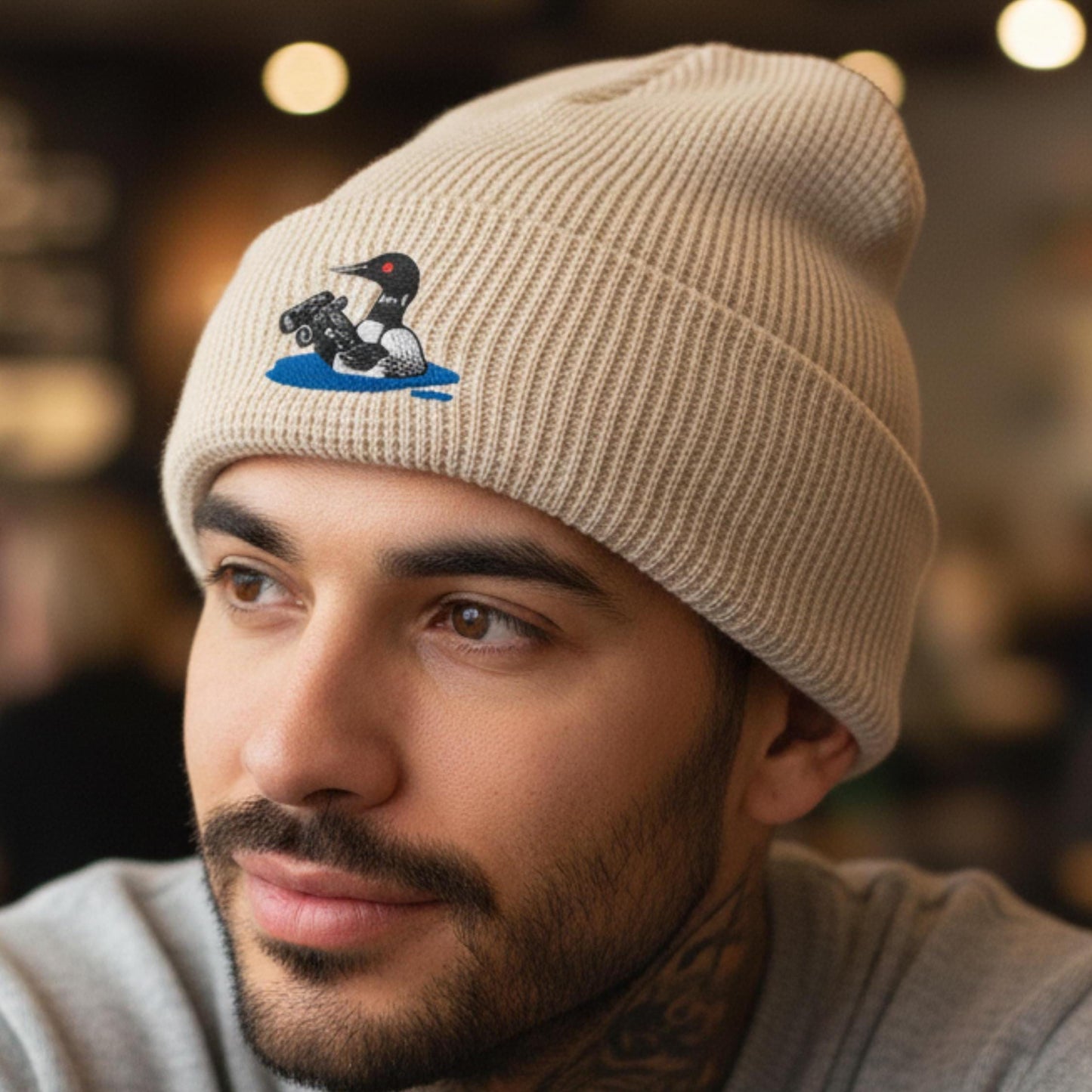Loon With Binoculars Embroidered Birding Waffle Beanie, Wildlife Lake Hat Gift for Bird Lovers