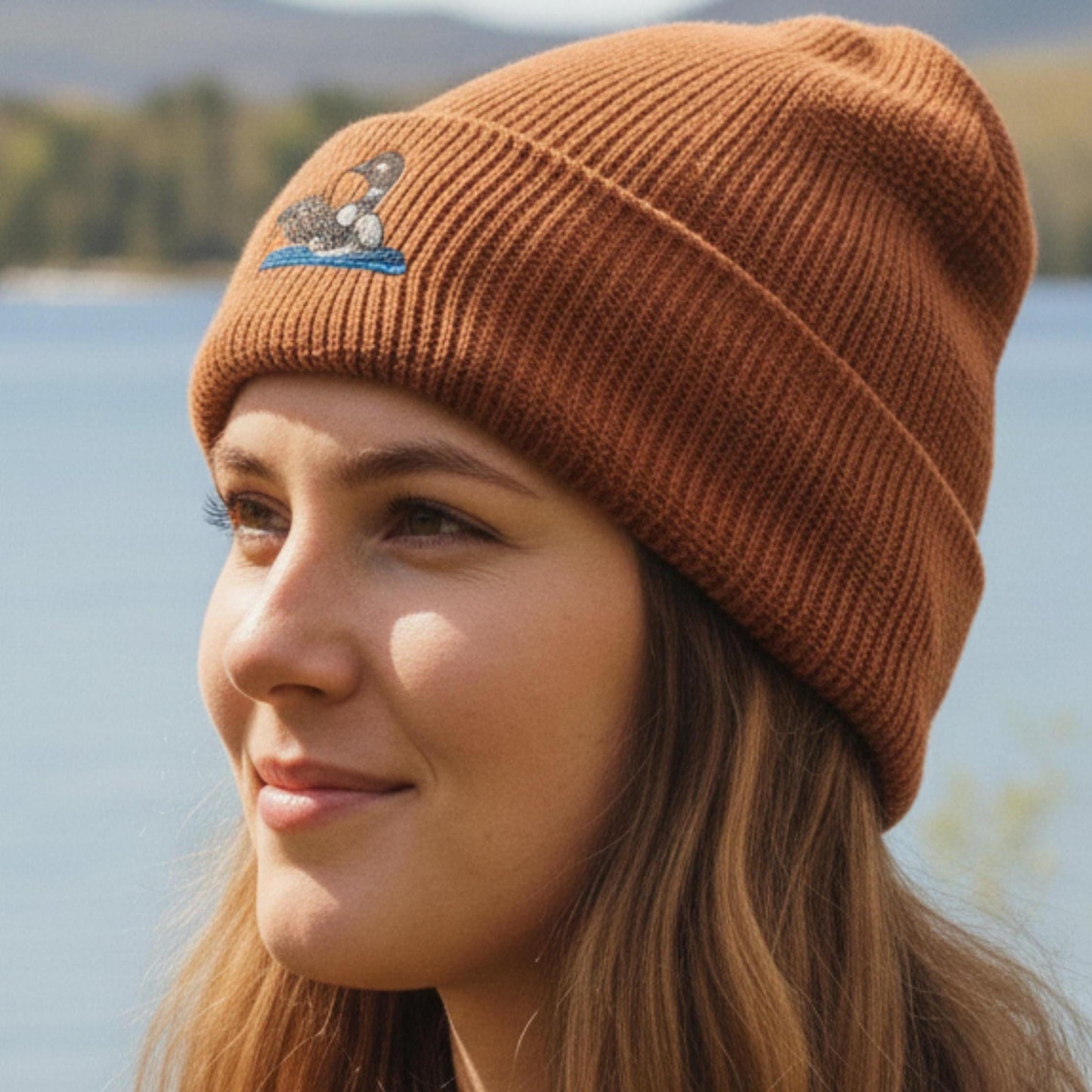 Loon With Binoculars Embroidered Birding Waffle Beanie, Wildlife Lake Hat Gift for Bird Lovers