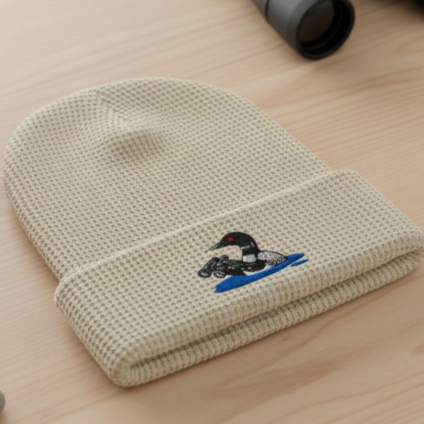 Loon With Binoculars Embroidered Birding Waffle Beanie, Wildlife Lake Hat Gift for Bird Lovers