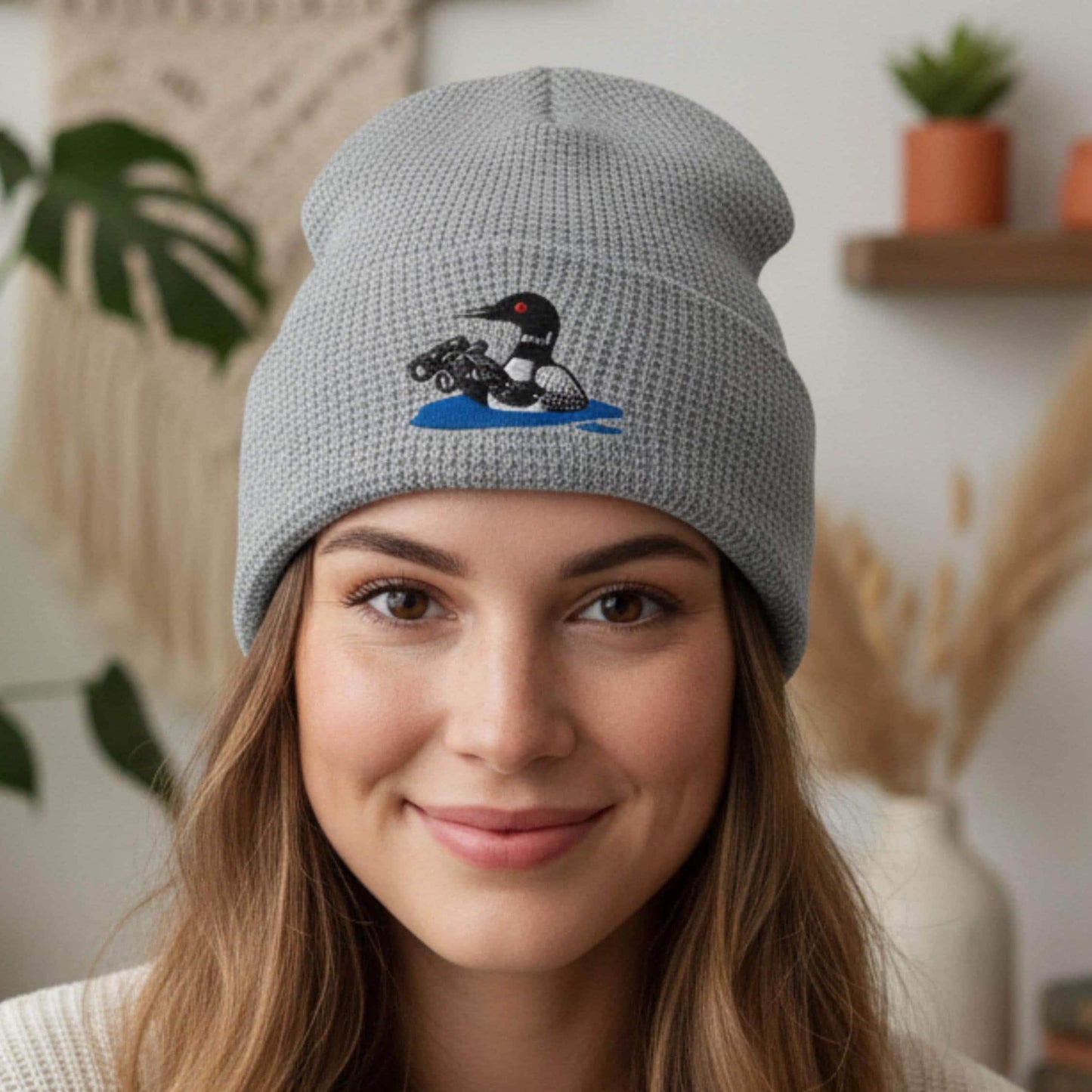Loon With Binoculars Embroidered Birding Waffle Beanie, Wildlife Lake Hat Gift for Bird Lovers
