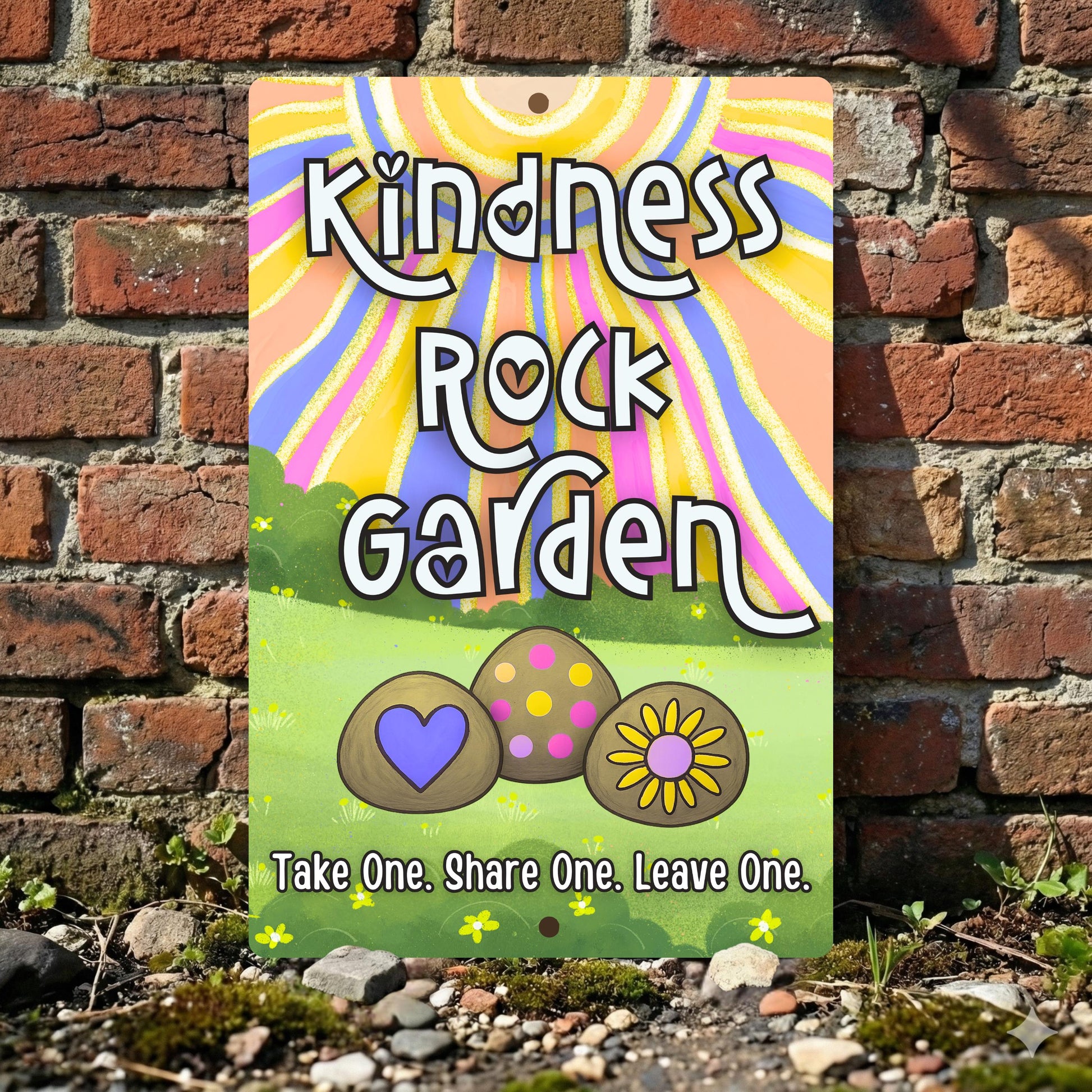 A vertical metal sign leaning against a brick wall, with the words "Kindness Rocks Garden" in a colorful, retro white font, and colorful sunburst groovy background. The sign features three illustrated rocks with a heart, polka dots, and a sunflower. The text "Take One. Share One. Leave One." is at the bottom.