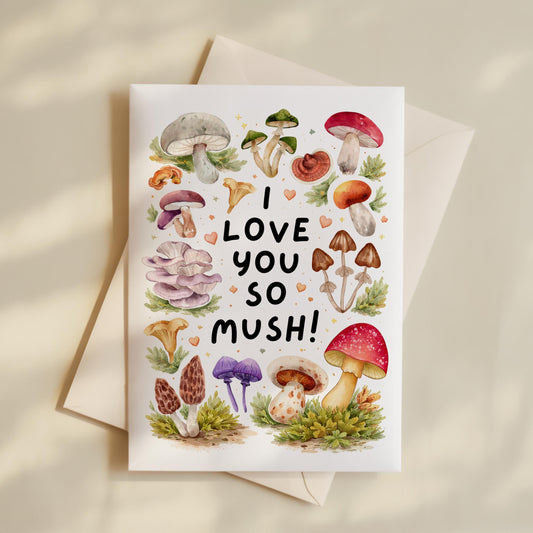 Love You So Mush Card, Valentine's Mushroom 5x7 Card, High Quality Card for 1st Anniversary, Husband, Wife, Boyfriend, Girlfriend