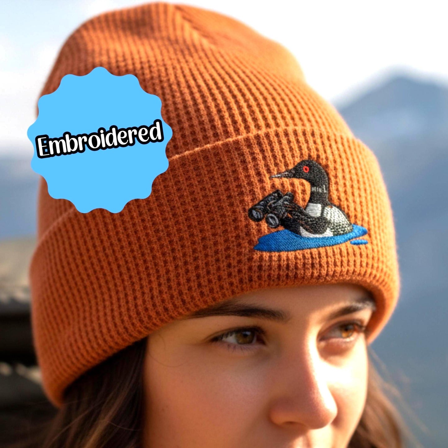 Loon With Binoculars Embroidered Birding Waffle Beanie, Wildlife Lake Hat Gift for Bird Lovers