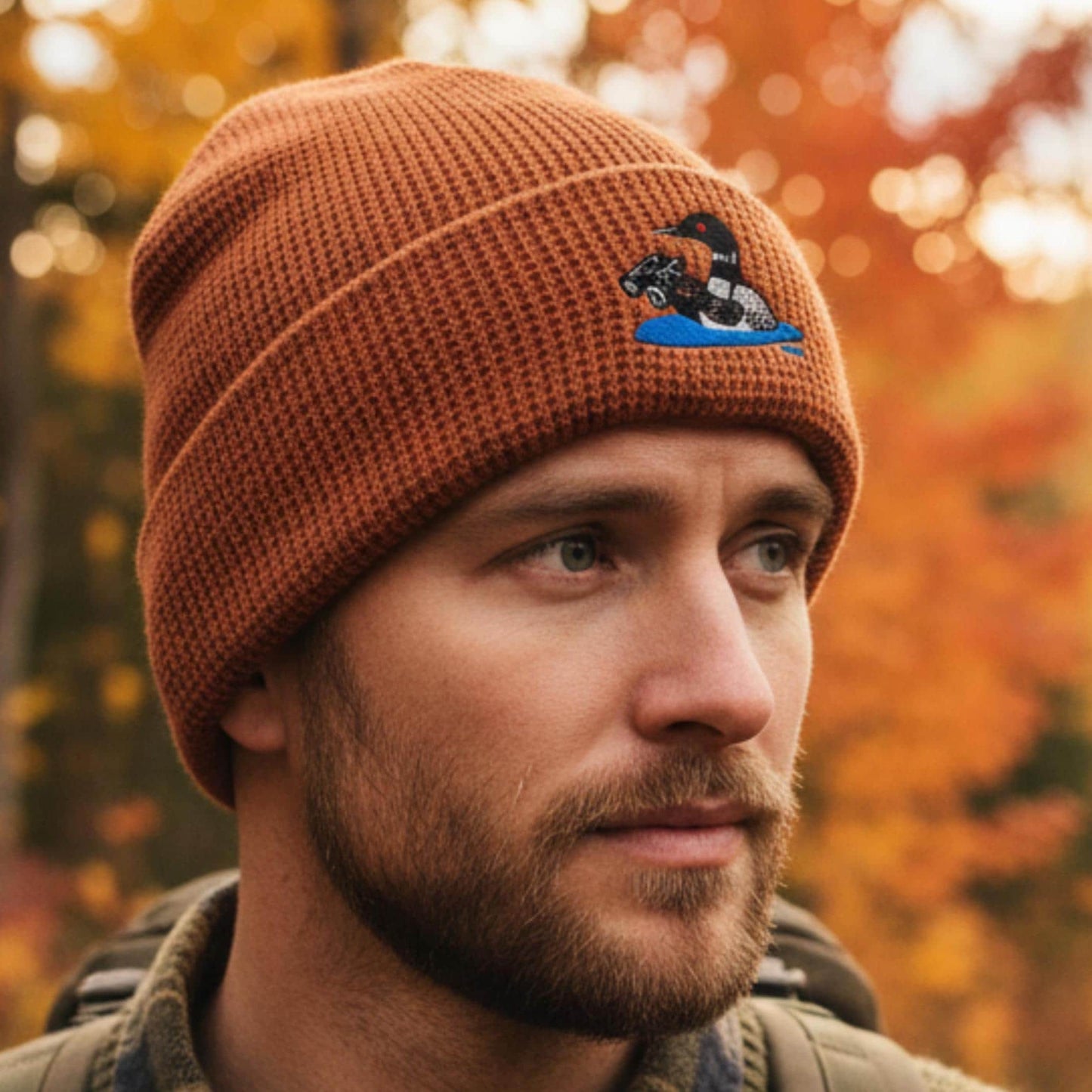 Loon With Binoculars Embroidered Birding Waffle Beanie, Wildlife Lake Hat Gift for Bird Lovers