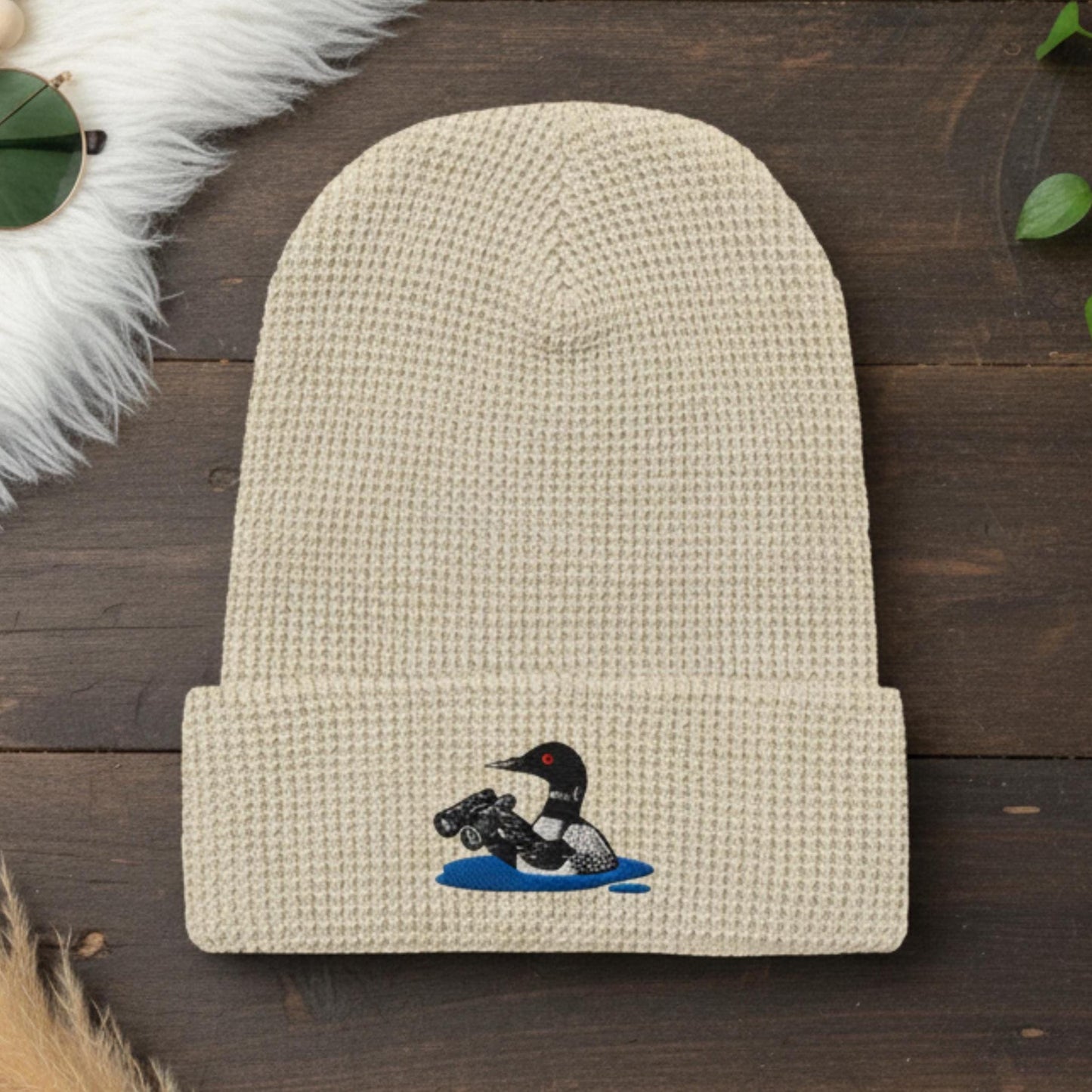 Loon With Binoculars Embroidered Birding Waffle Beanie, Wildlife Lake Hat Gift for Bird Lovers