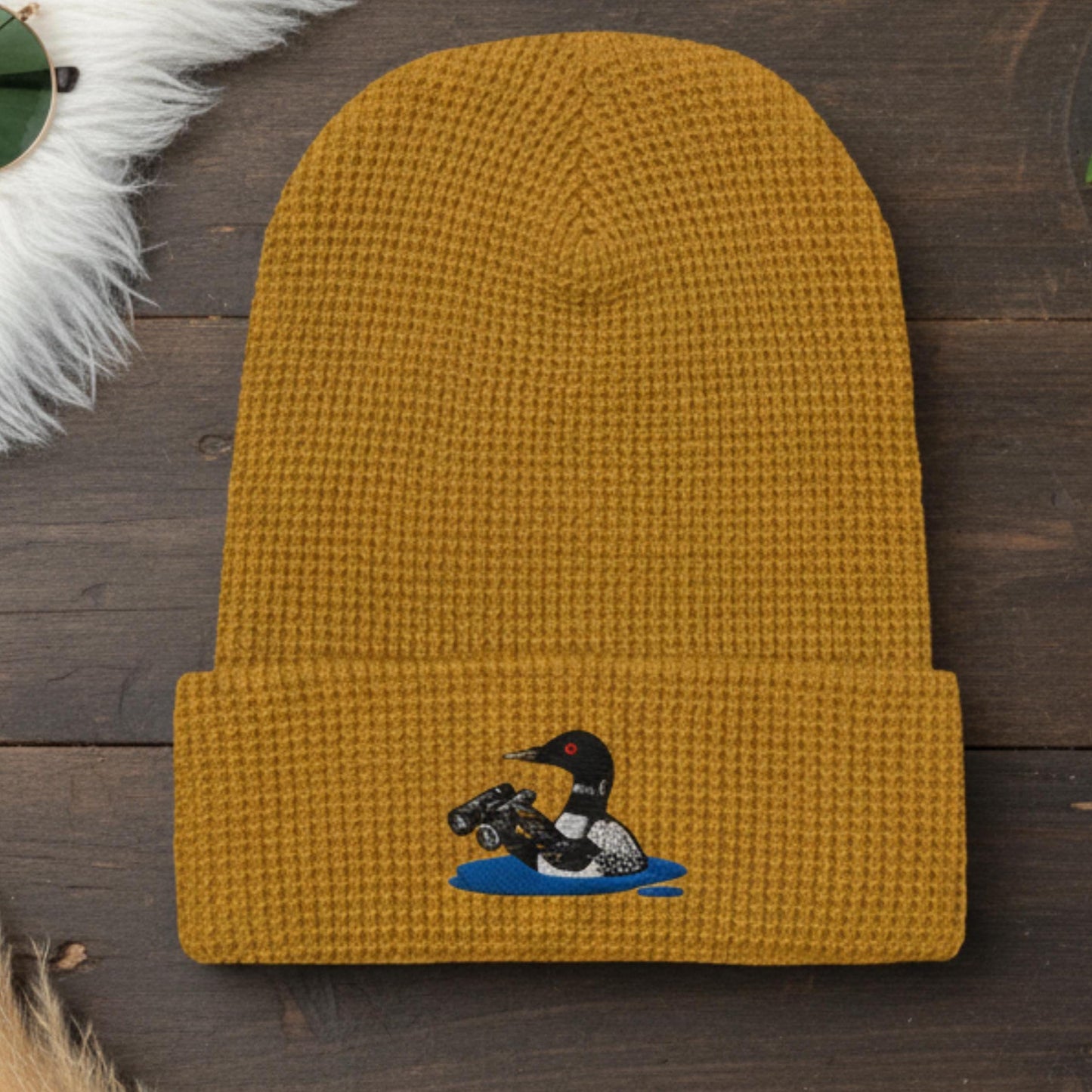 Loon With Binoculars Embroidered Birding Waffle Beanie, Wildlife Lake Hat Gift for Bird Lovers