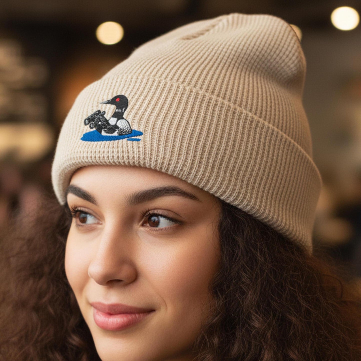 Loon With Binoculars Embroidered Birding Waffle Beanie, Wildlife Lake Hat Gift for Bird Lovers