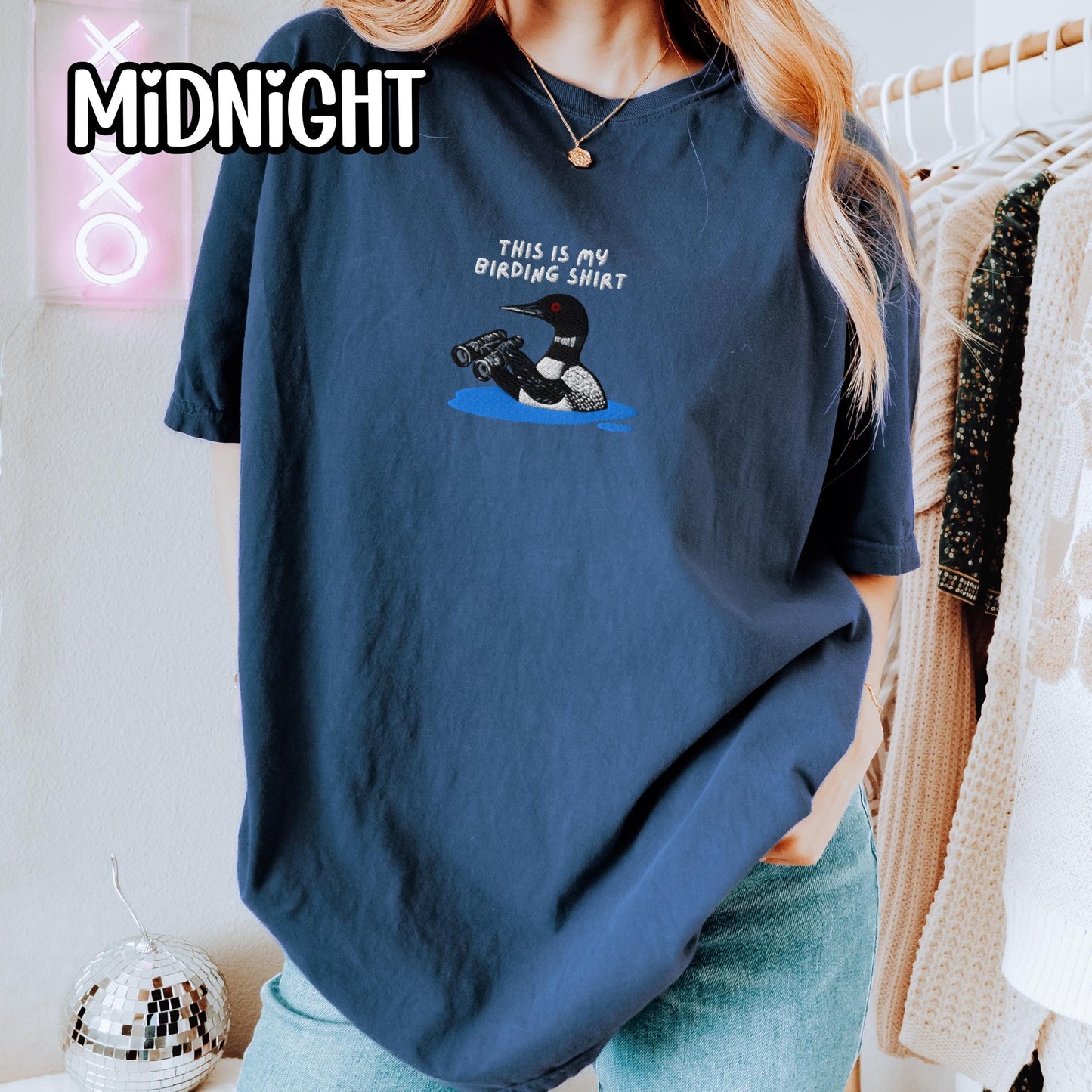 Loon With Binoculars Embroidered Birding Shirt Sweatshirt, Wildlife Lake Shirt Gift for Bird Lovers