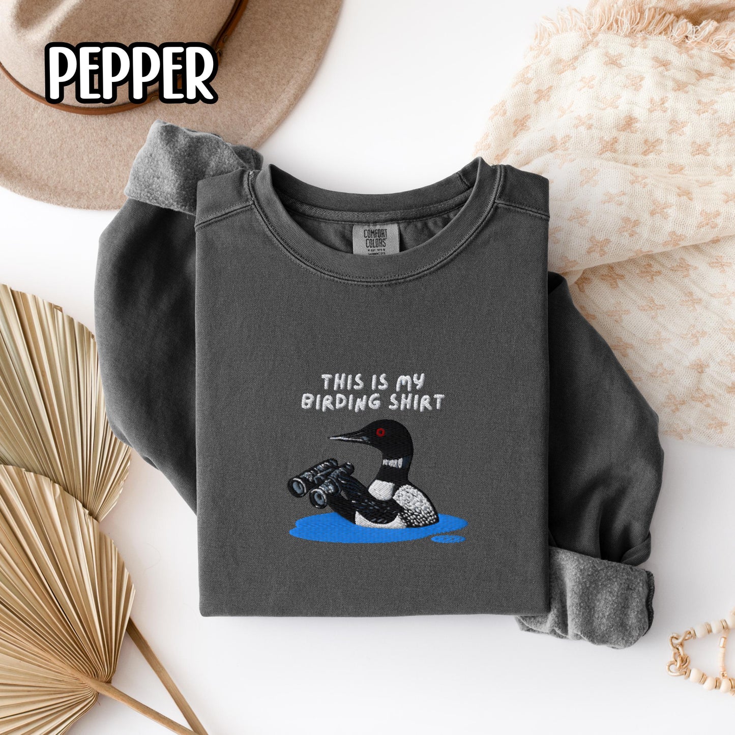 Loon With Binoculars Embroidered Birding Shirt Sweatshirt, Wildlife Lake Shirt Gift for Bird Lovers
