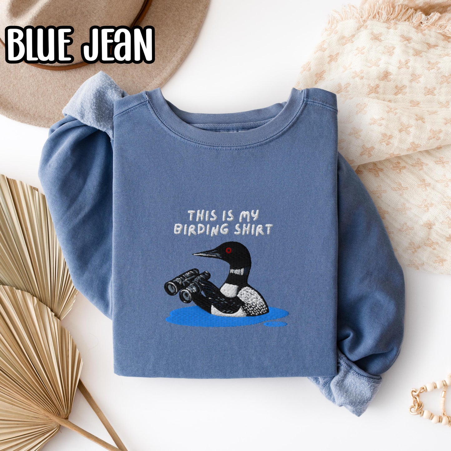Loon With Binoculars Embroidered Birding Shirt Sweatshirt, Wildlife Lake Shirt Gift for Bird Lovers
