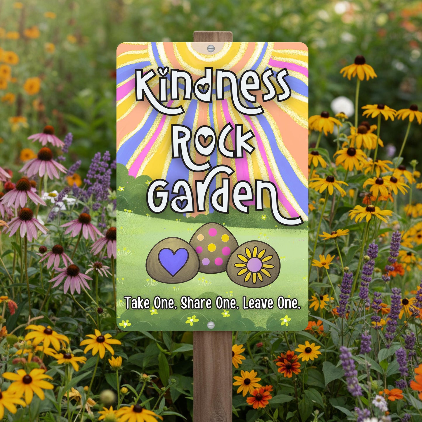 May include: A colorful sign for a Kindness Rock Garden. The sign features the words "Kindness Rocks Garden" in a whimsical font, with three illustrated rocks below. The sign is set in a garden with various flowers.