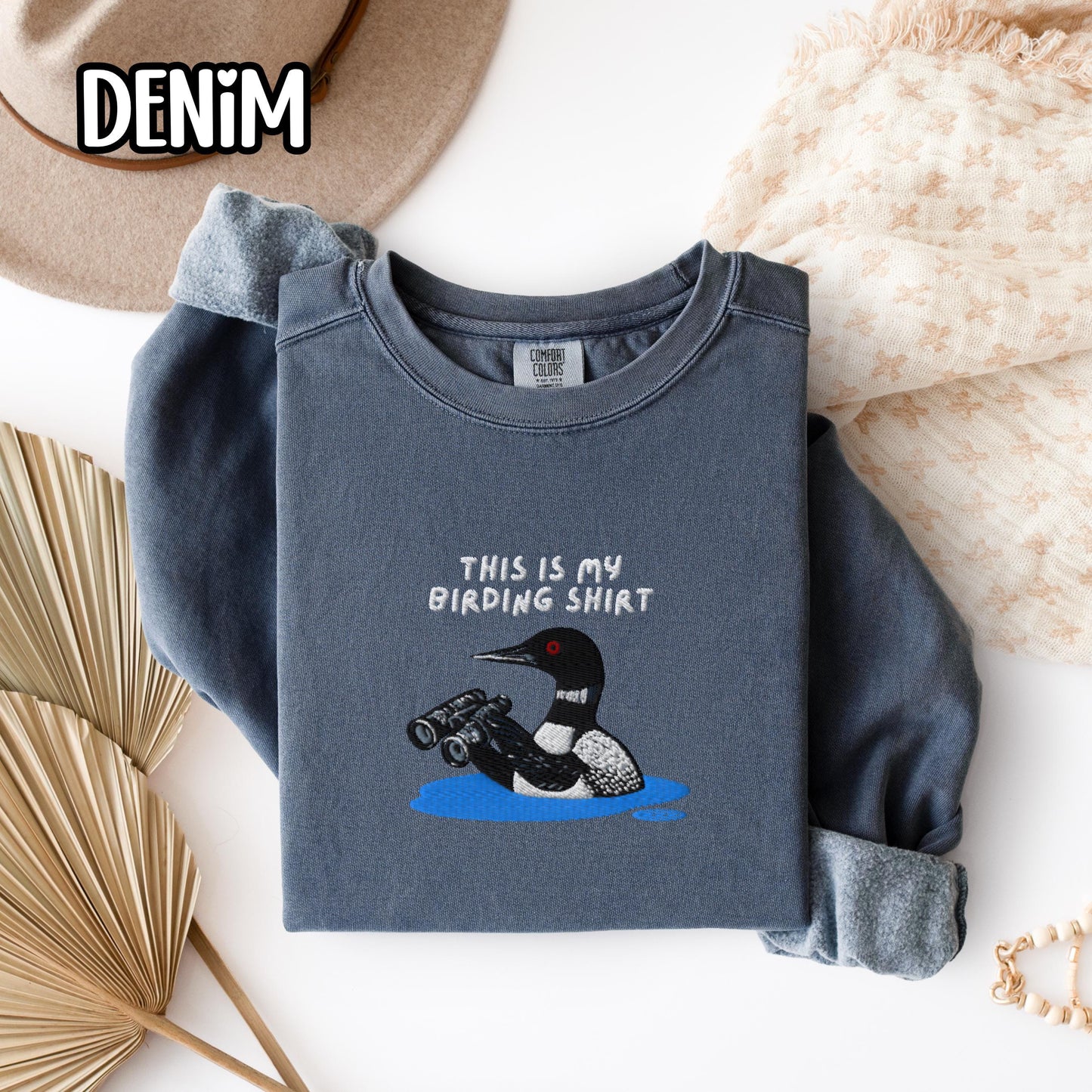 Loon With Binoculars Embroidered Birding Shirt Sweatshirt, Wildlife Lake Shirt Gift for Bird Lovers