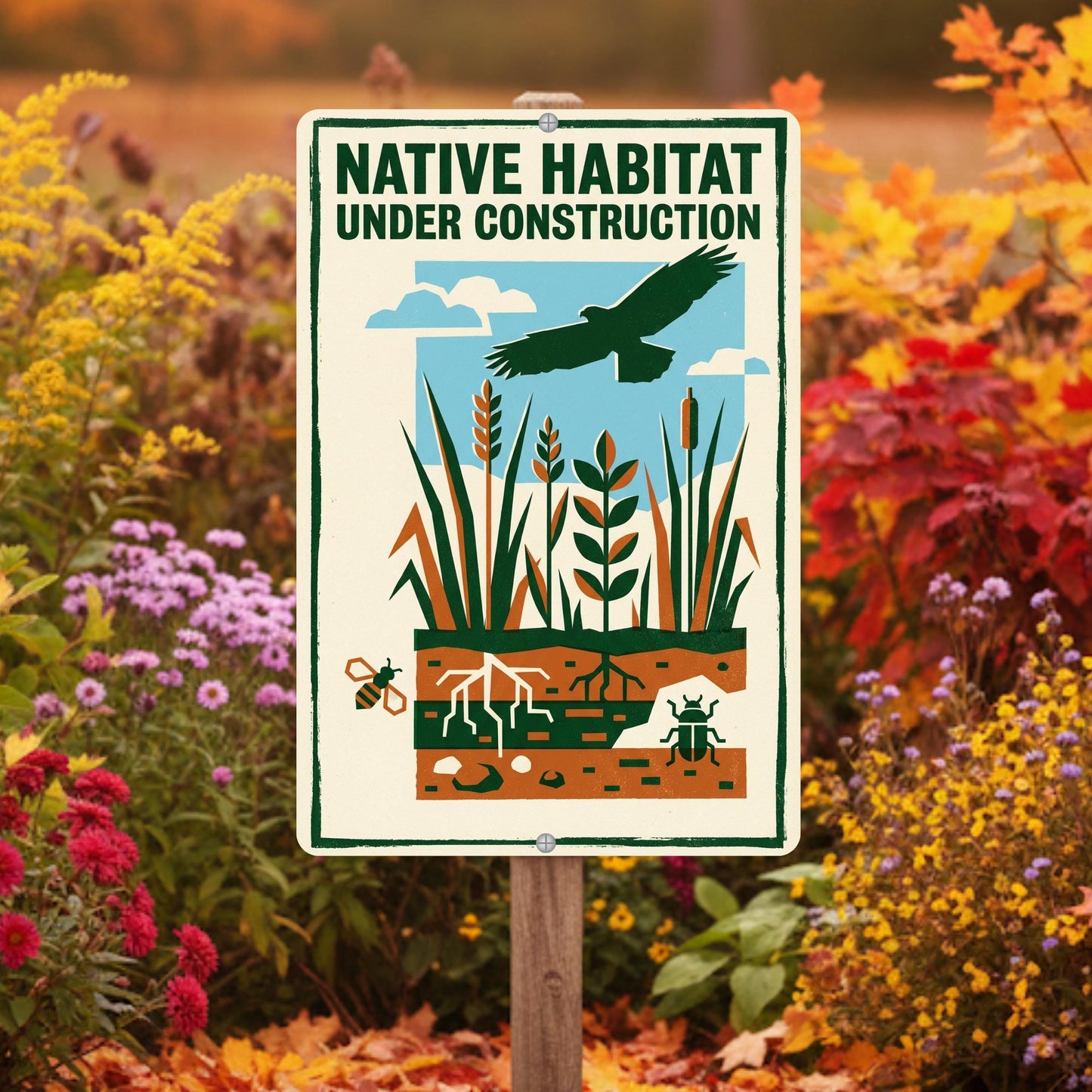 Native Habitat Under Construction Sign, 8x12 12x18 Outdoor Rated Aluminum Sign, Gift for Gardener