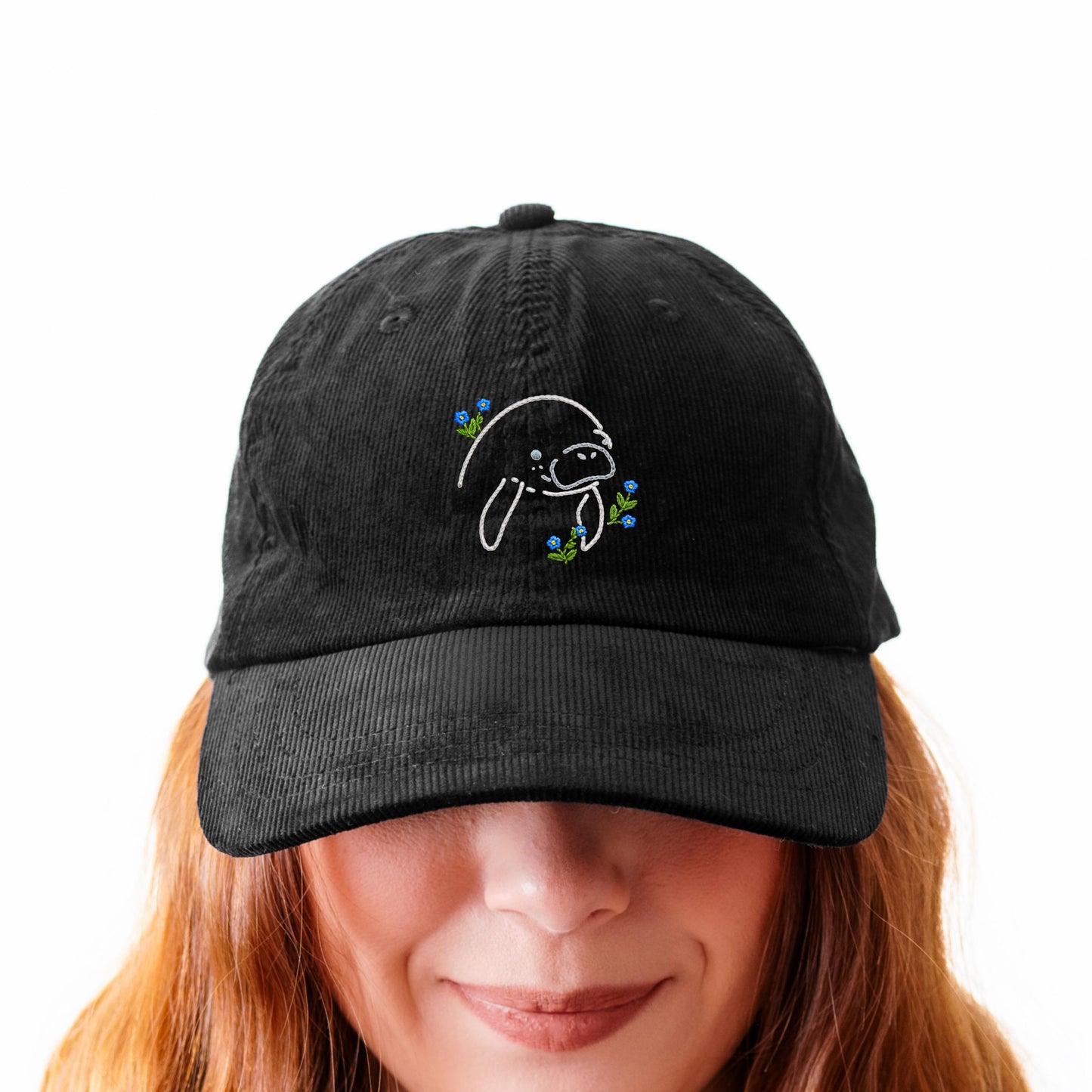 Manatee Forget Me Not Corduroy Cap, Embroidered Coastal Design, Sea Cow Hat