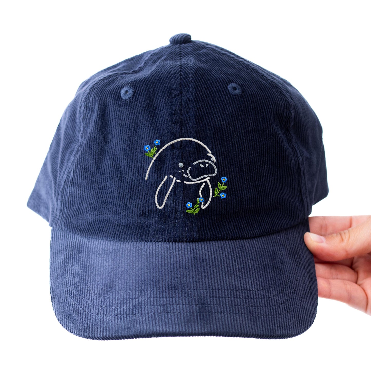 Manatee Forget Me Not Corduroy Cap, Embroidered Coastal Design, Sea Cow Hat