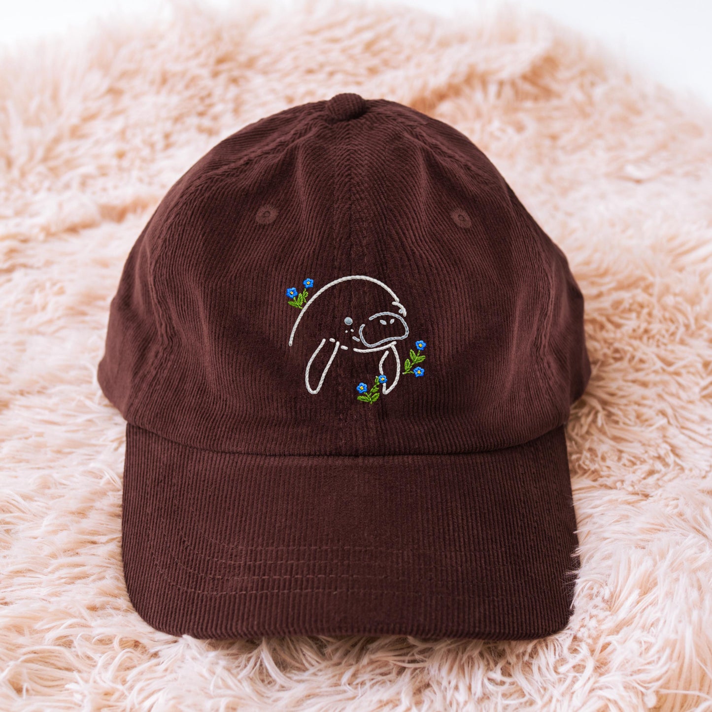 Manatee Forget Me Not Corduroy Cap, Embroidered Coastal Design, Sea Cow Hat