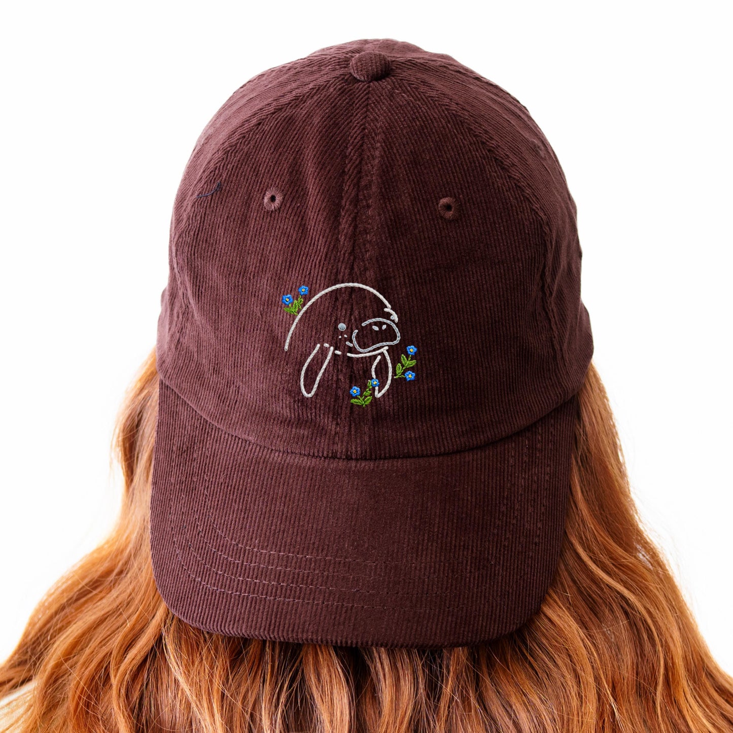 Manatee Forget Me Not Corduroy Cap, Embroidered Coastal Design, Sea Cow Hat