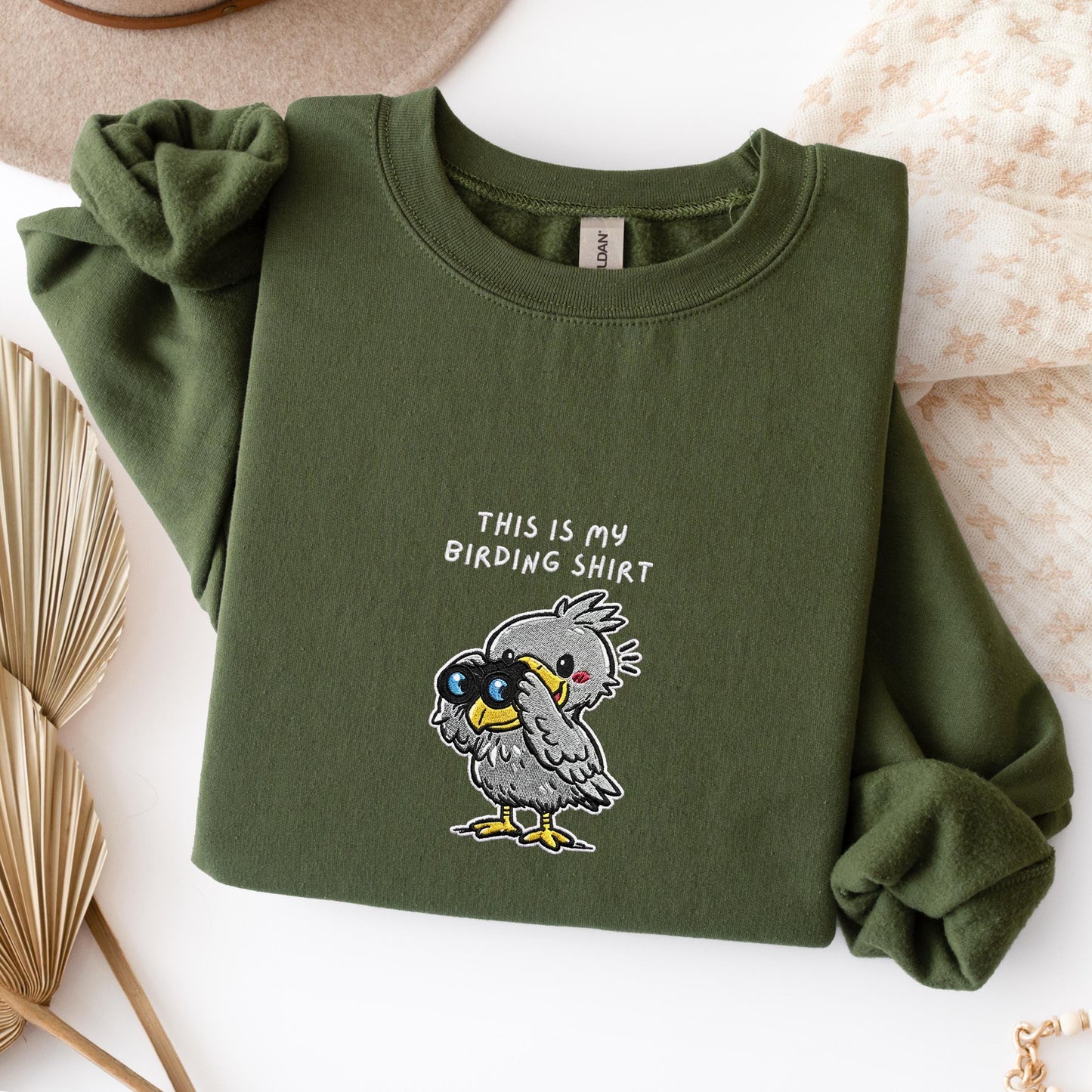 Shoebill With Binoculars Embroidered Birding Sweatshirt, Wildlife Lake Shirt Gift for Bird Lovers