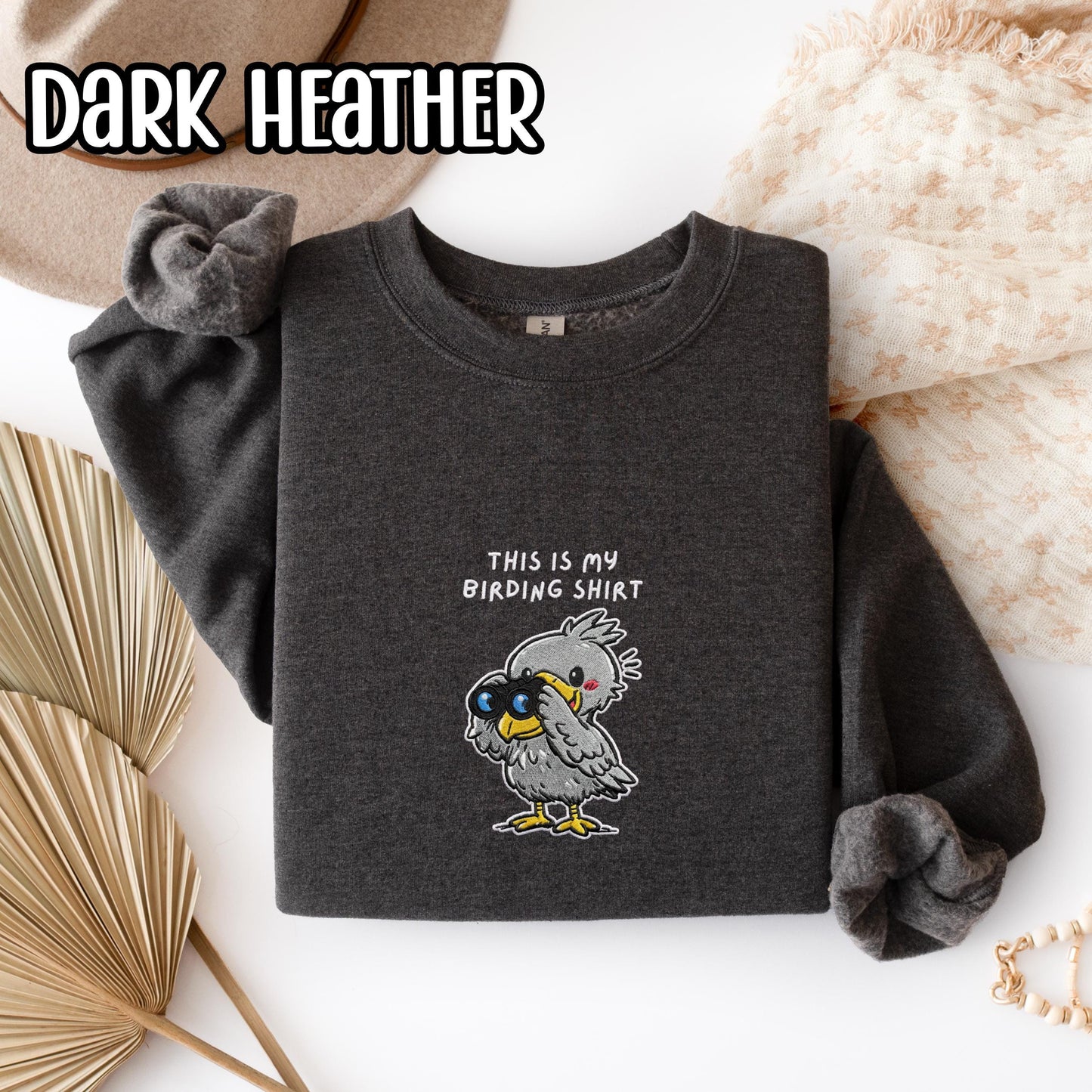 Shoebill With Binoculars Embroidered Birding Sweatshirt, Wildlife Lake Shirt Gift for Bird Lovers