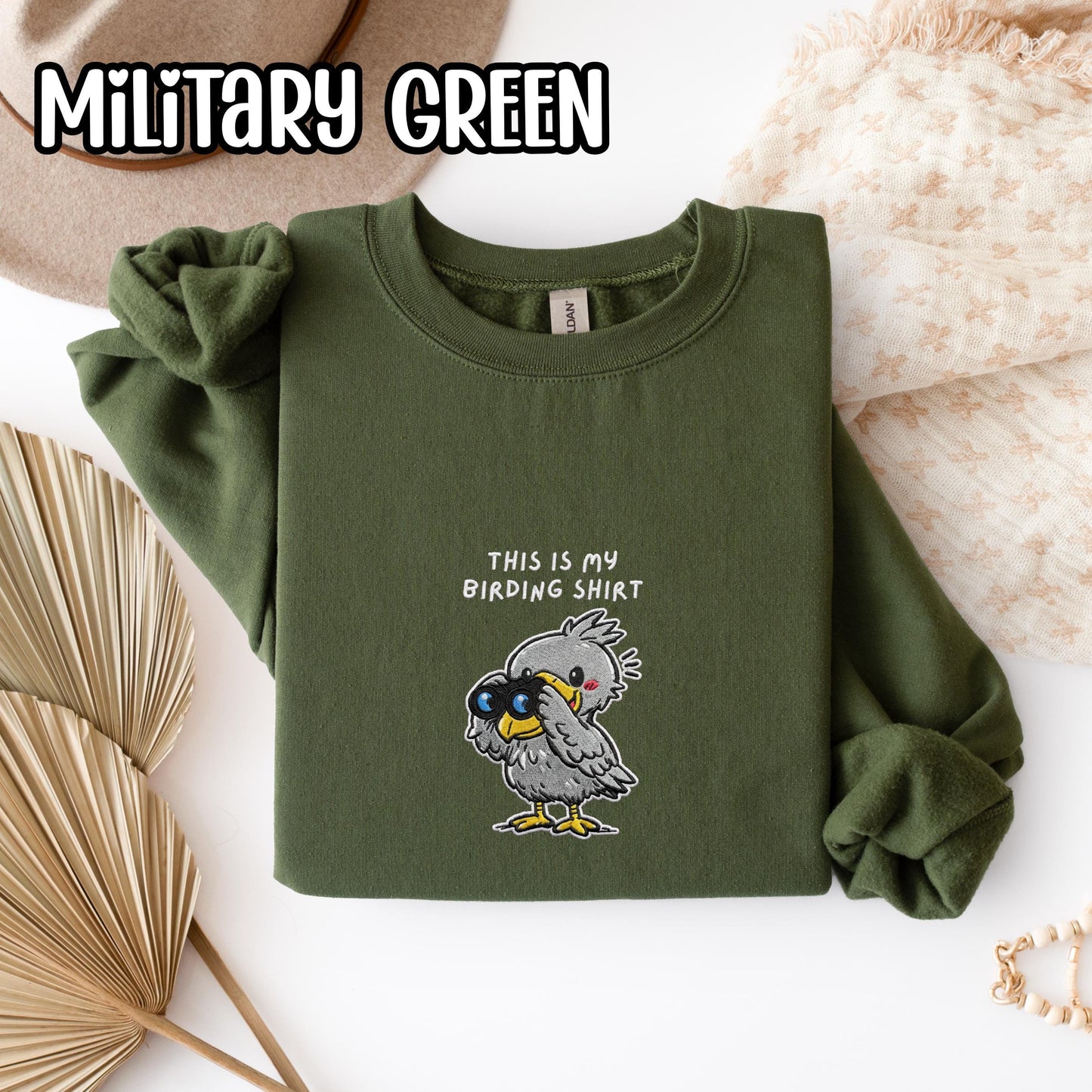 Shoebill With Binoculars Embroidered Birding Sweatshirt, Wildlife Lake Shirt Gift for Bird Lovers