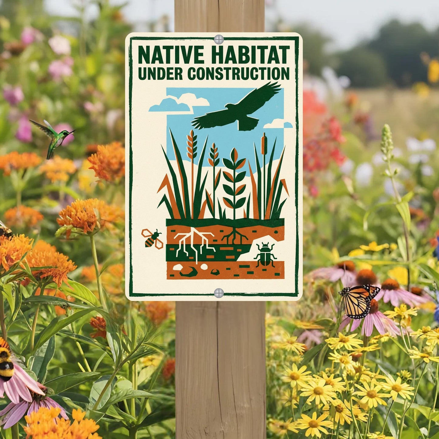 Native Habitat Under Construction Sign, 8x12 12x18 Outdoor Rated Aluminum Sign, Gift for Gardener