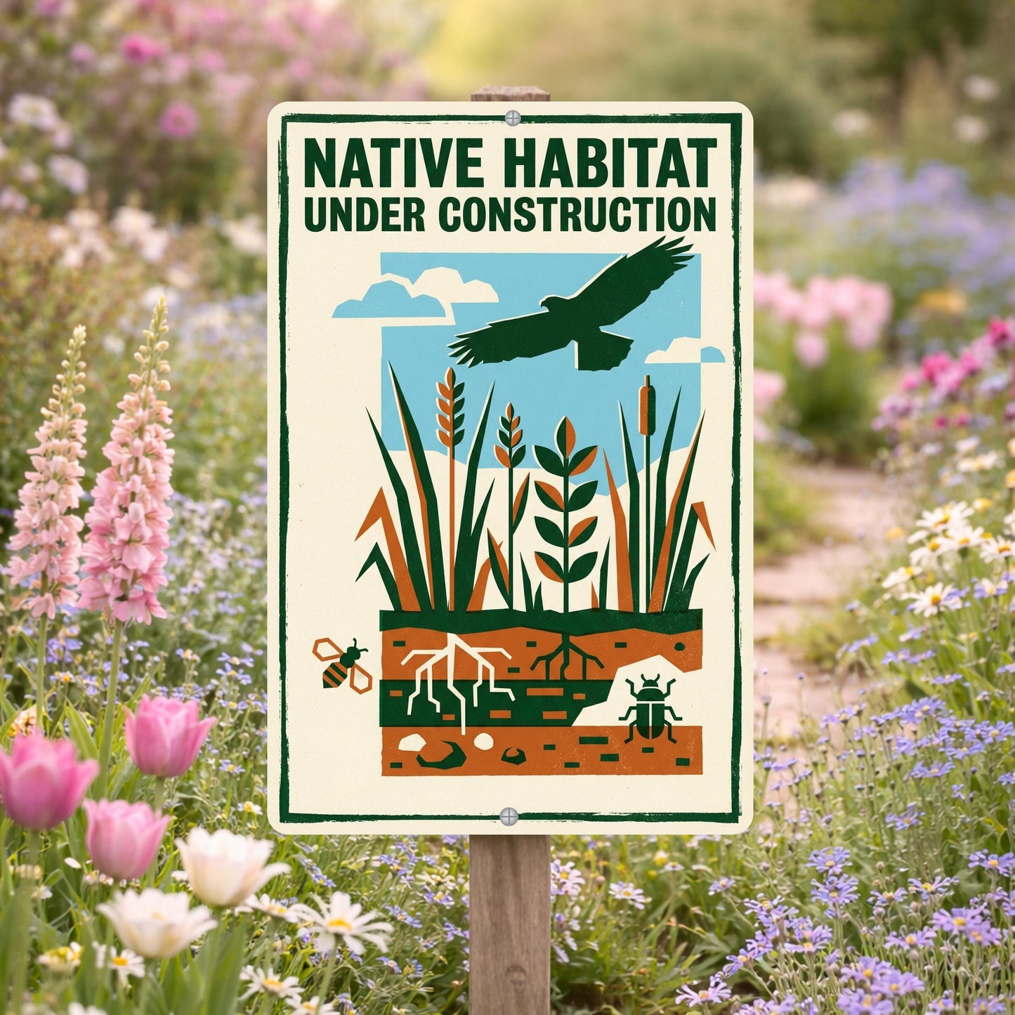 Native Habitat Under Construction Sign, 8x12 12x18 Outdoor Rated Aluminum Sign, Gift for Gardener
