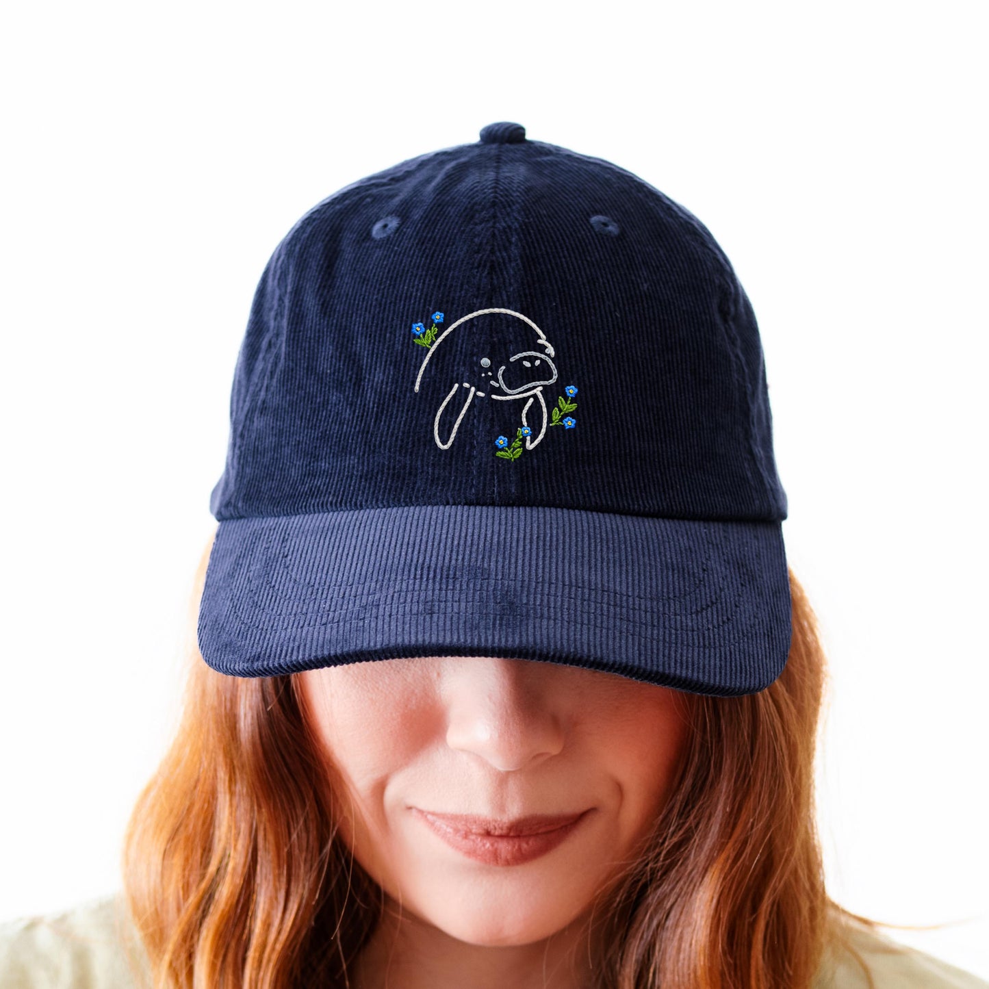 Manatee Forget Me Not Corduroy Cap, Embroidered Coastal Design, Sea Cow Hat
