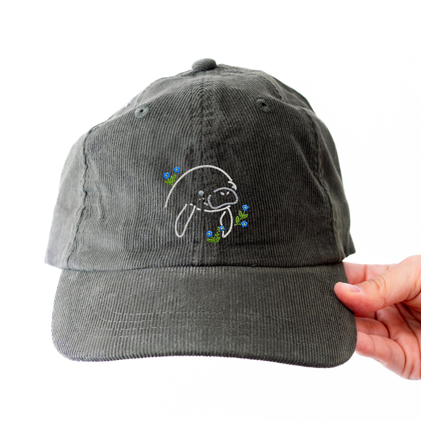 Manatee Forget Me Not Corduroy Cap, Embroidered Coastal Design, Sea Cow Hat