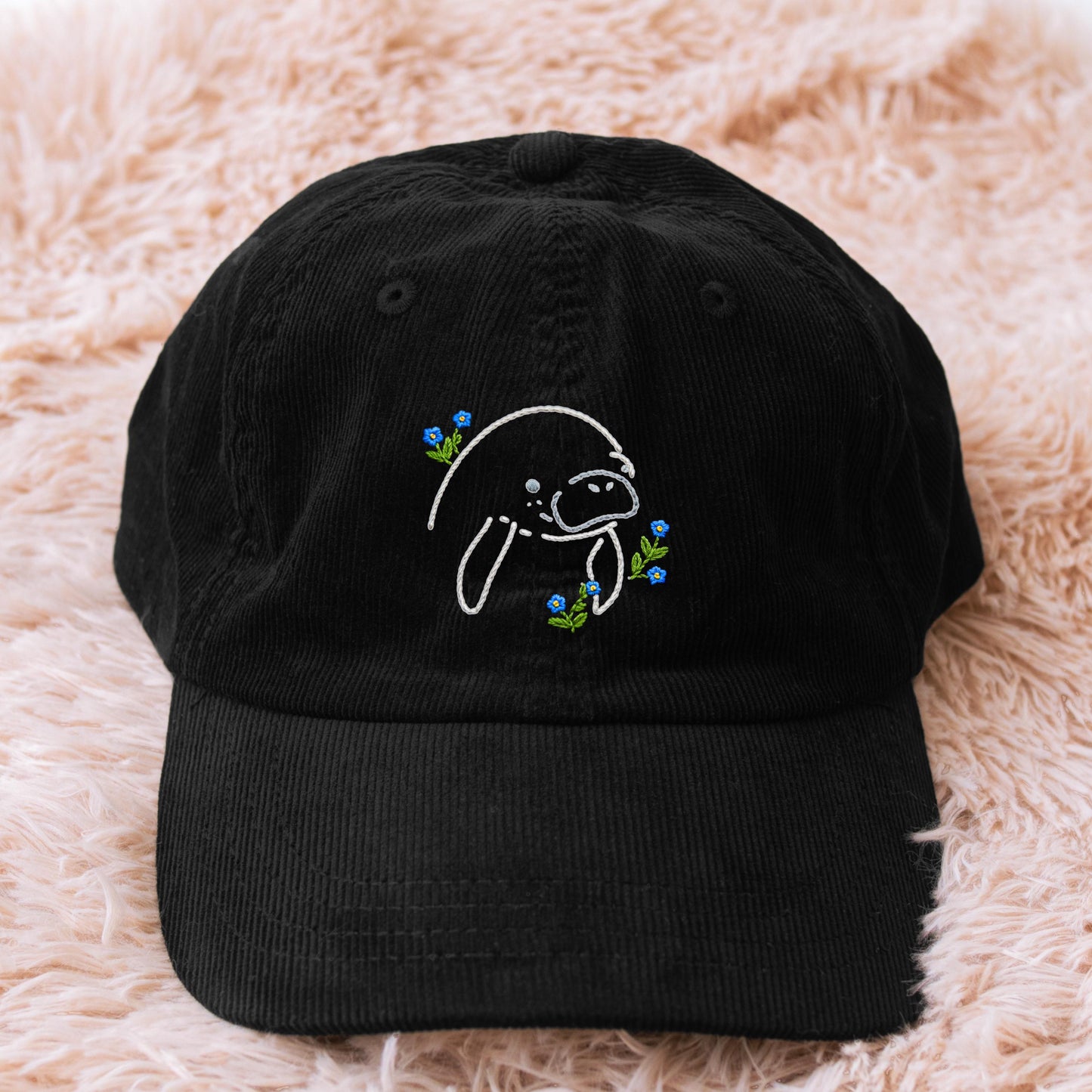 Manatee Forget Me Not Corduroy Cap, Embroidered Coastal Design, Sea Cow Hat