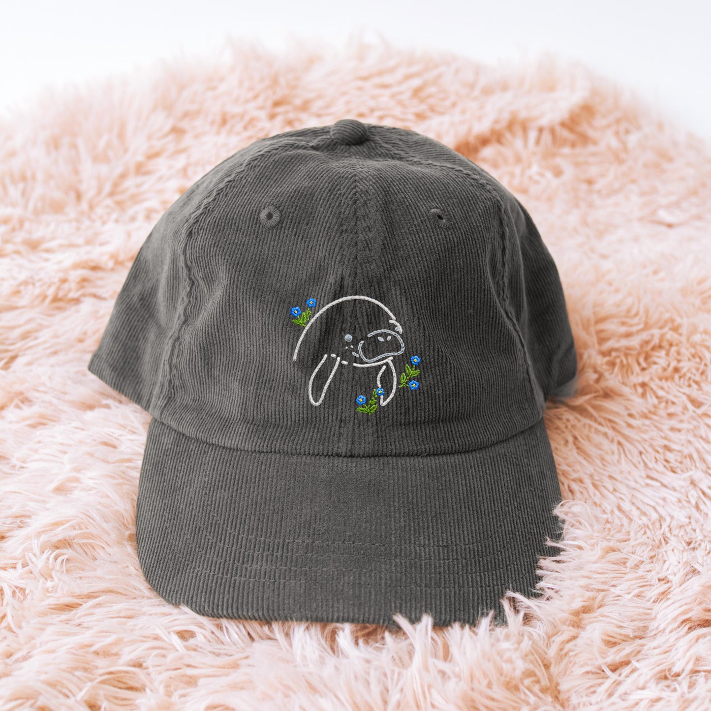 Manatee Forget Me Not Corduroy Cap, Embroidered Coastal Design, Sea Cow Hat