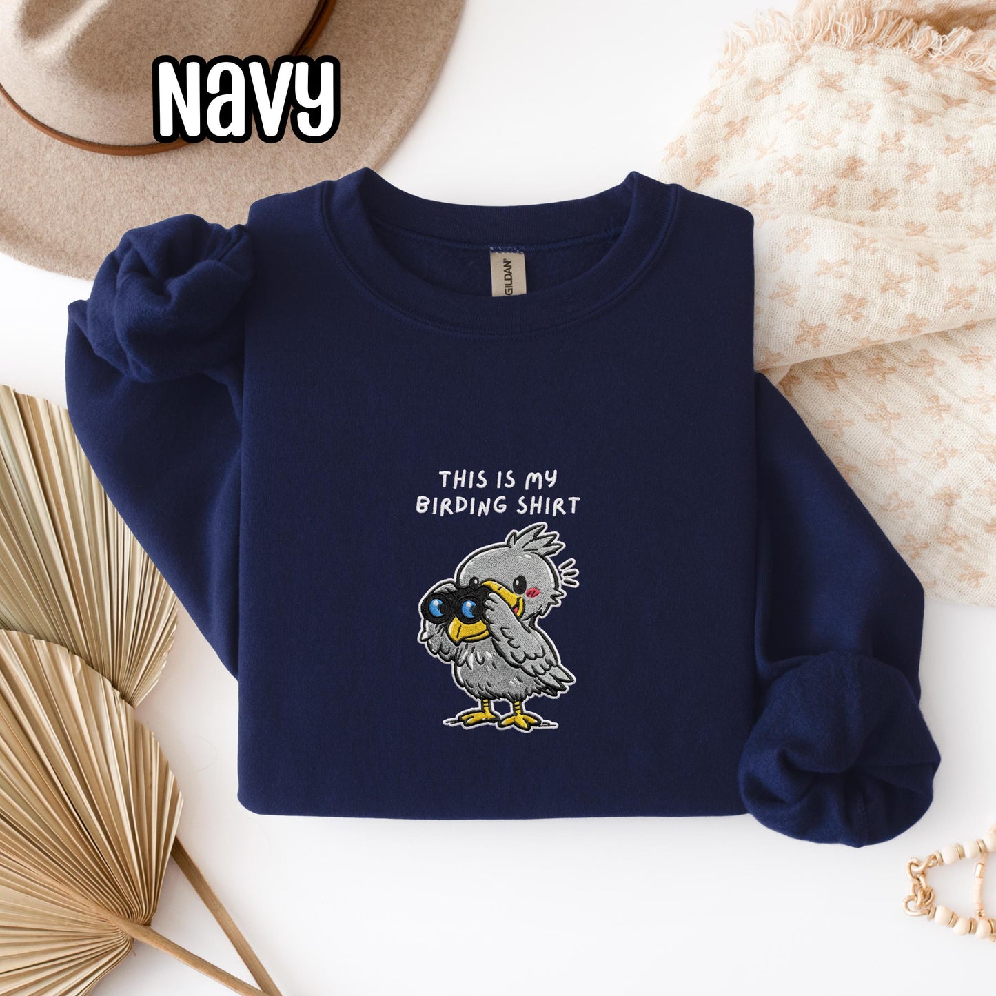 Shoebill With Binoculars Embroidered Birding Sweatshirt, Wildlife Lake Shirt Gift for Bird Lovers