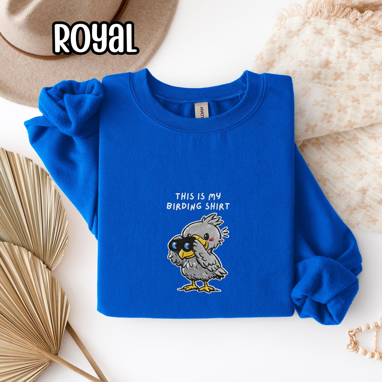 Shoebill With Binoculars Embroidered Birding Sweatshirt, Wildlife Lake Shirt Gift for Bird Lovers